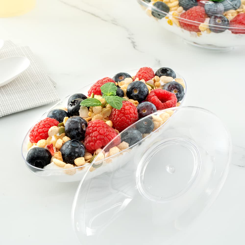 5.5 oz Clear Disposable Plastic Deli Cups with Lids - 100 Pack Oval Fruit & Appetizer Containers for Snacks, Desserts, Catering, Weddings & Birthday Parties | Perfect for Food Service, Takeout, Picnics & Party Plating