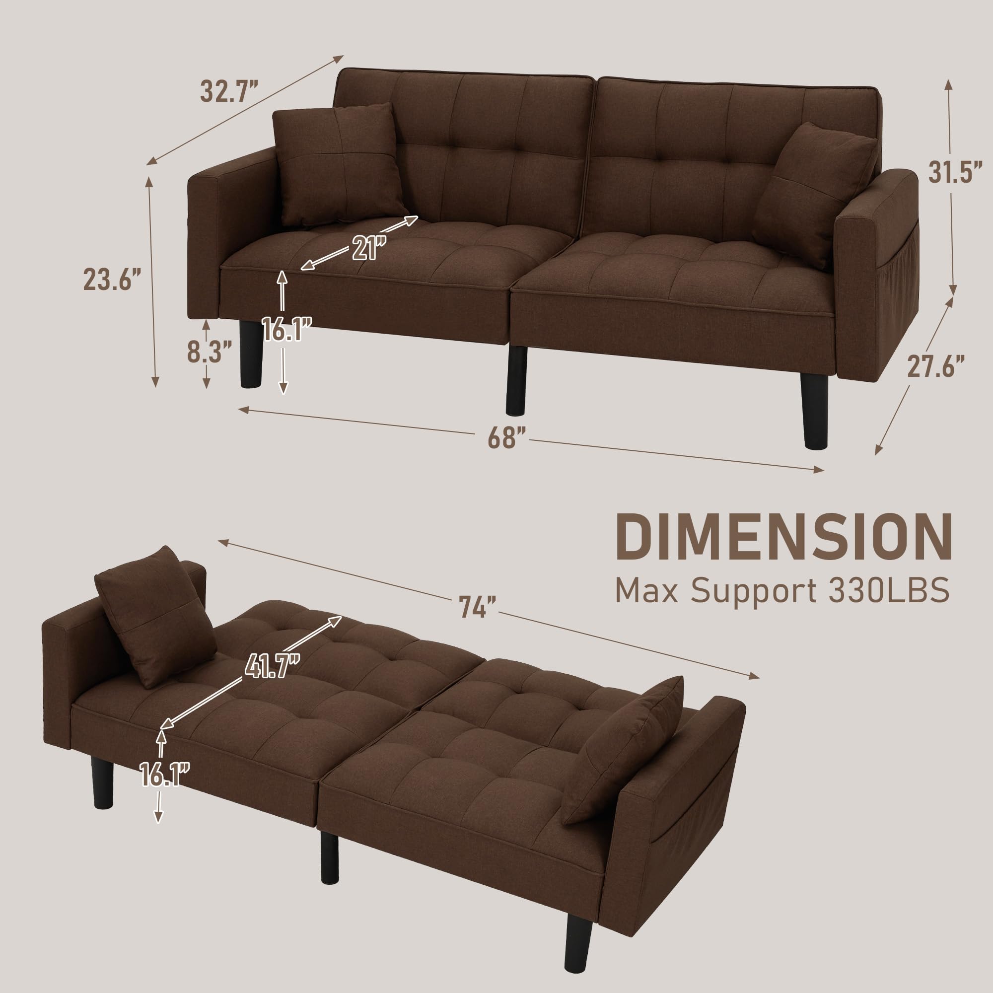 AVAWING Convertible Futon Sofa Bed - Modern Linen Fabric Upholstered Couch with Adjustable Backrest, Armrests & Durable Nylon Legs - Space-Saving Sleeper Sofa for Small Apartments, Living Rooms & Home Offices (Brown) - Perfect for Guest Sleeping, Lounging & Compact Spaces