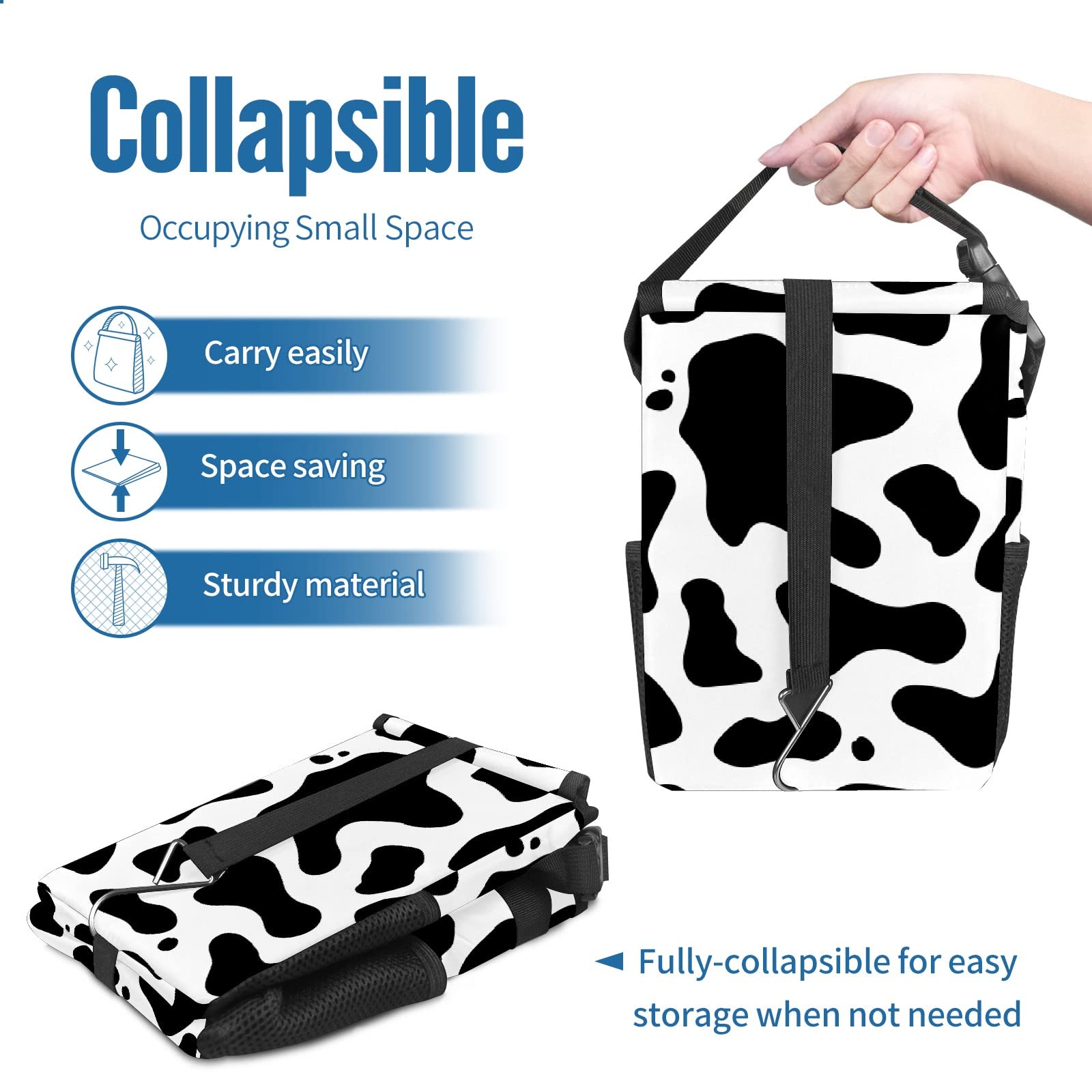 Western Black & White Cow Print Collapsible Car Trash Can with Lid - Reusable Waterproof Auto Garbage Bin for Car, Truck & SUV | Perfect for Road Trips, Commuting & Keeping Vehicle Interior Clean