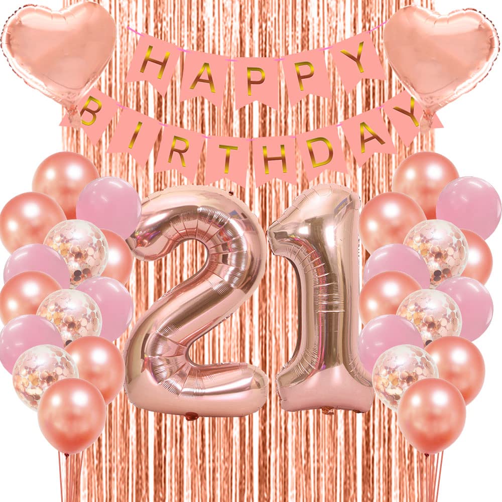21st Birthday Party Decorations for Women - Rose Gold Balloons, Happy Birthday Banner, Backdrop & Confetti Balloons Set | Perfect for 21st Birthday Celebrations, Bachelorette Parties & Photo Backdrops