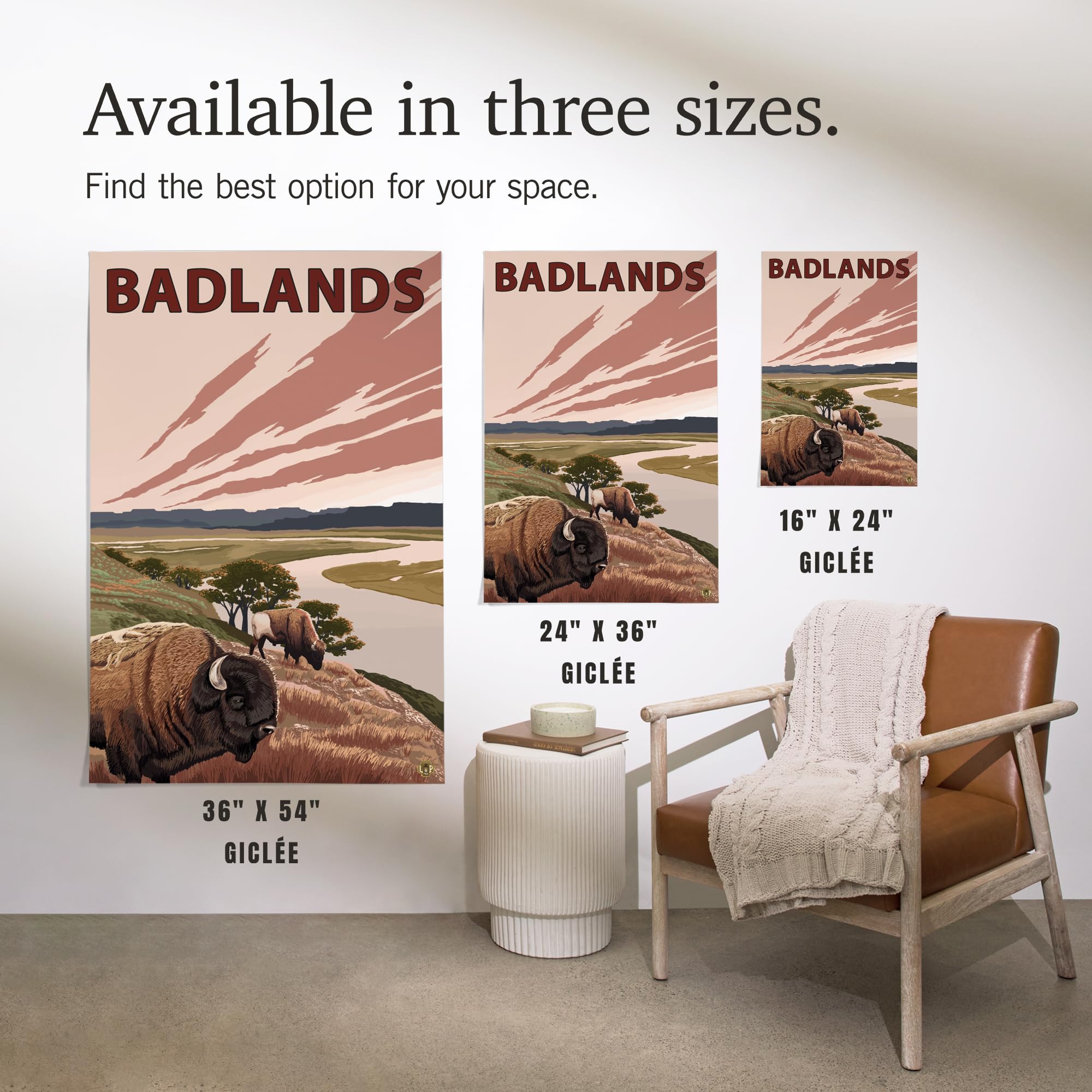 Lantern Press 16x24 Inch Giclee Art Print - Badlands South Dakota Landscape with Bison and Buttes - Perfect for Home Decor, Office Wall Art & Nature Lovers