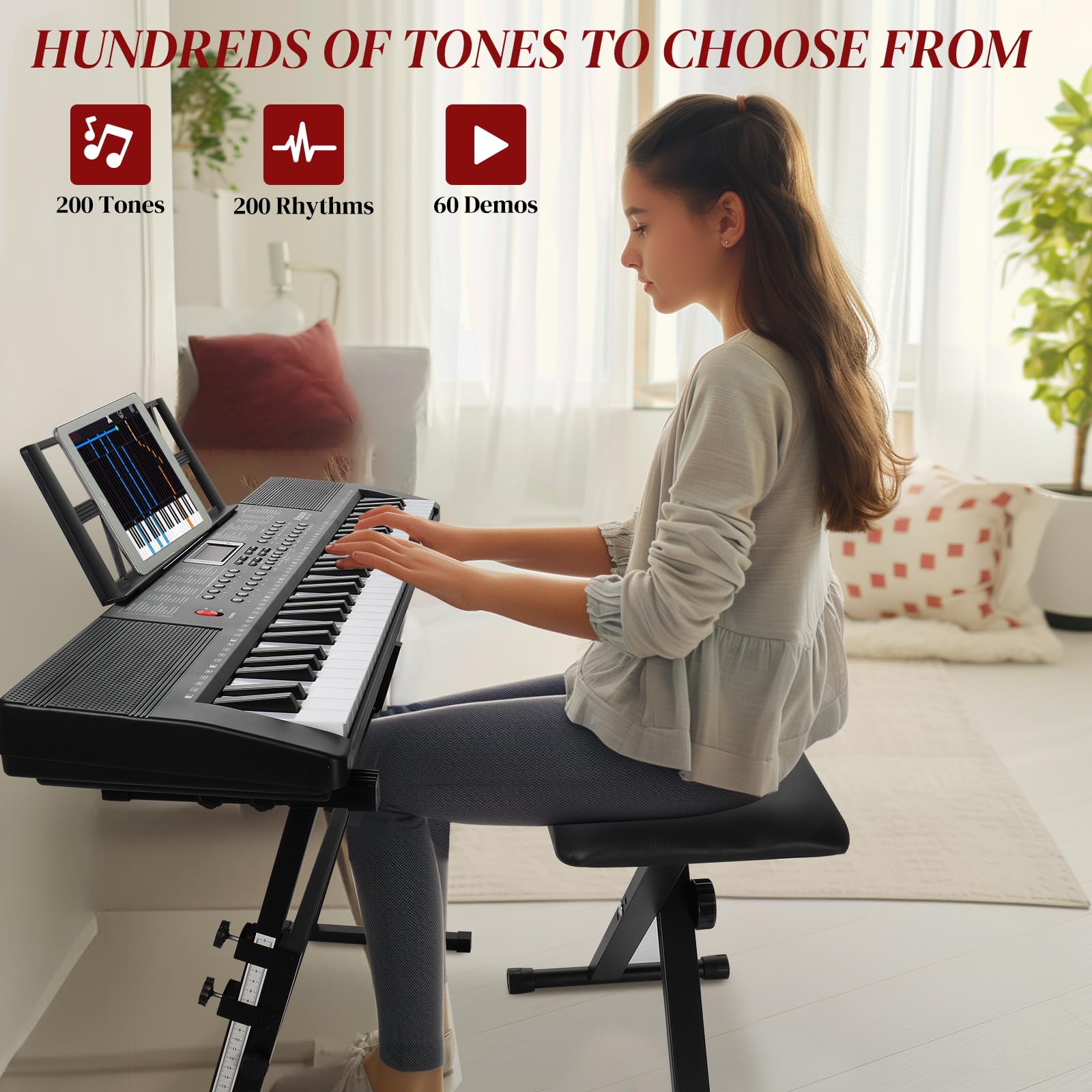 Ktaxon 61-Key Electronic Keyboard Piano Set with Headphone, Microphone, Music Stand, Power Adapter, Adjustable Bench - Portable Digital Piano for Beginners & Kids - Perfect for Home Practice, Music Lessons & Live Performances (Black)