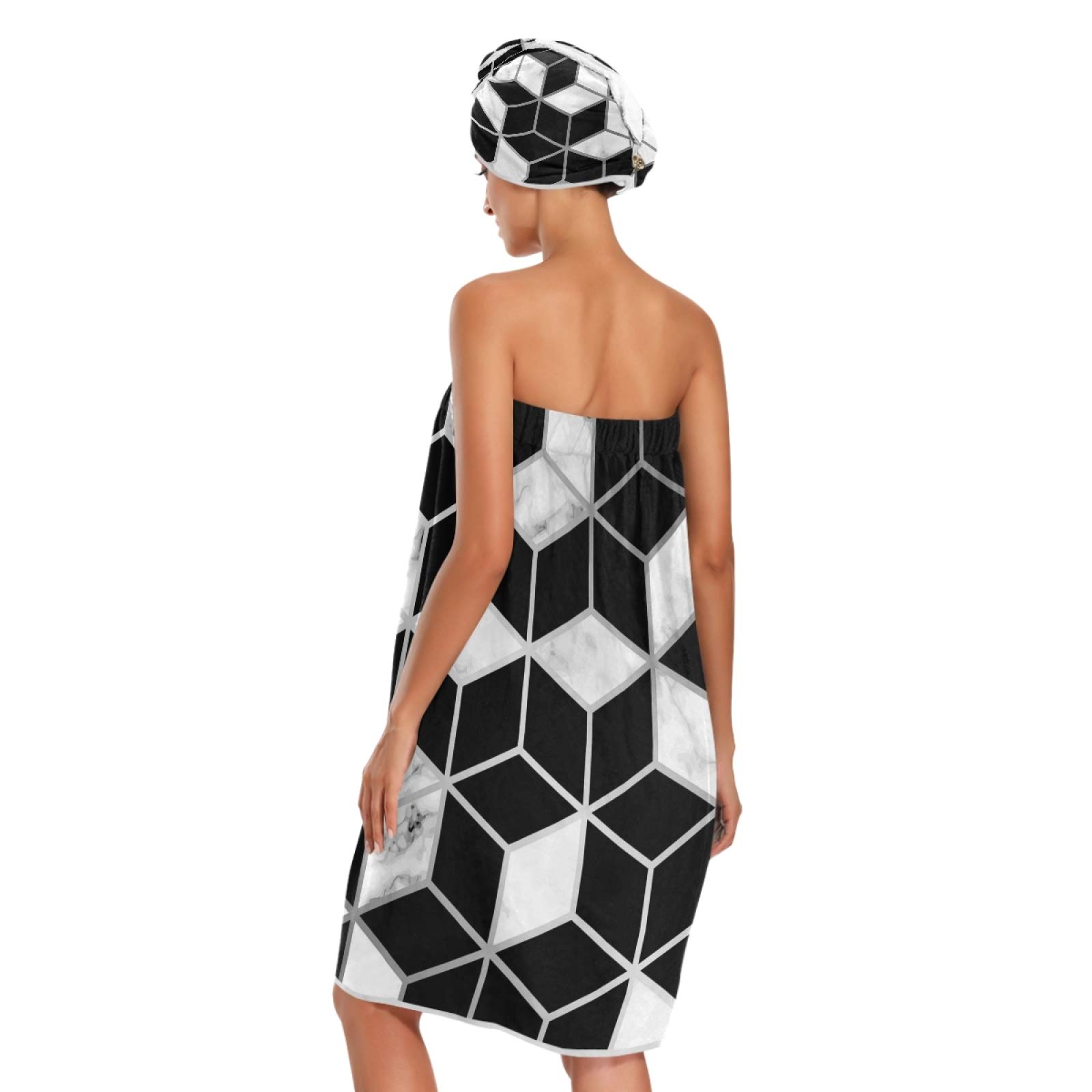 Premium Marble Texture Geometric Cubes Women's Bath Body Wrap - Absorbent Spa Towel Robe Set of 3 with Adjustable Closure, Headband & Hair Towel - Perfect for Spa Days, Relaxing Baths & Post-Shower Comfort