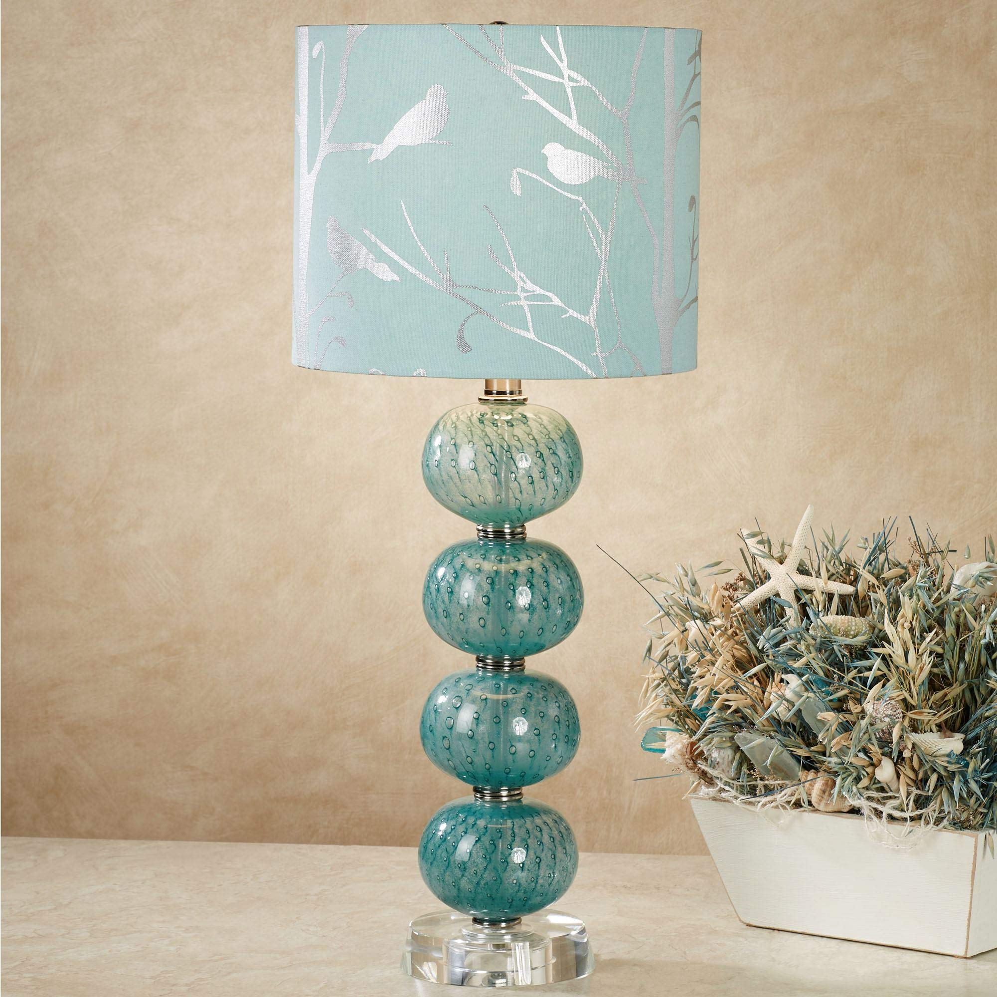 Baccus Table Lamp in Blue Teal Silver - Coastal Style Handblown Glass Lamp with Linen Shade - Nautical Bedroom Living Room Beach House Decor - Ocean Themed Accent Lighting for Relaxing Ambiance
