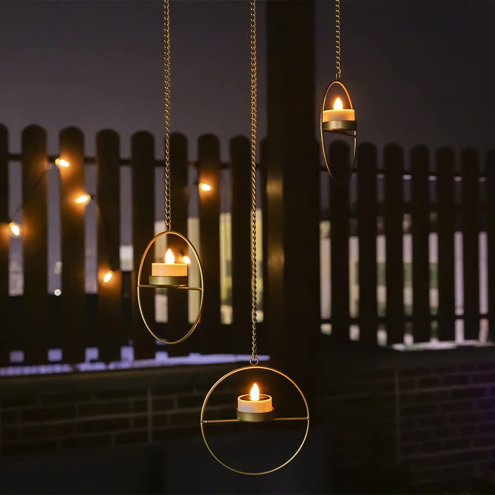 Solar Powered Outdoor Hanging Lanterns - Waterproof Golden Metal Candle Holders with LED Tea Lights - Perfect for Garden, Patio, Pergola, Gazebo & Backyard Decor (Set of 3) - Ideal for Romantic Evenings, Outdoor Parties & Cozy Ambiance