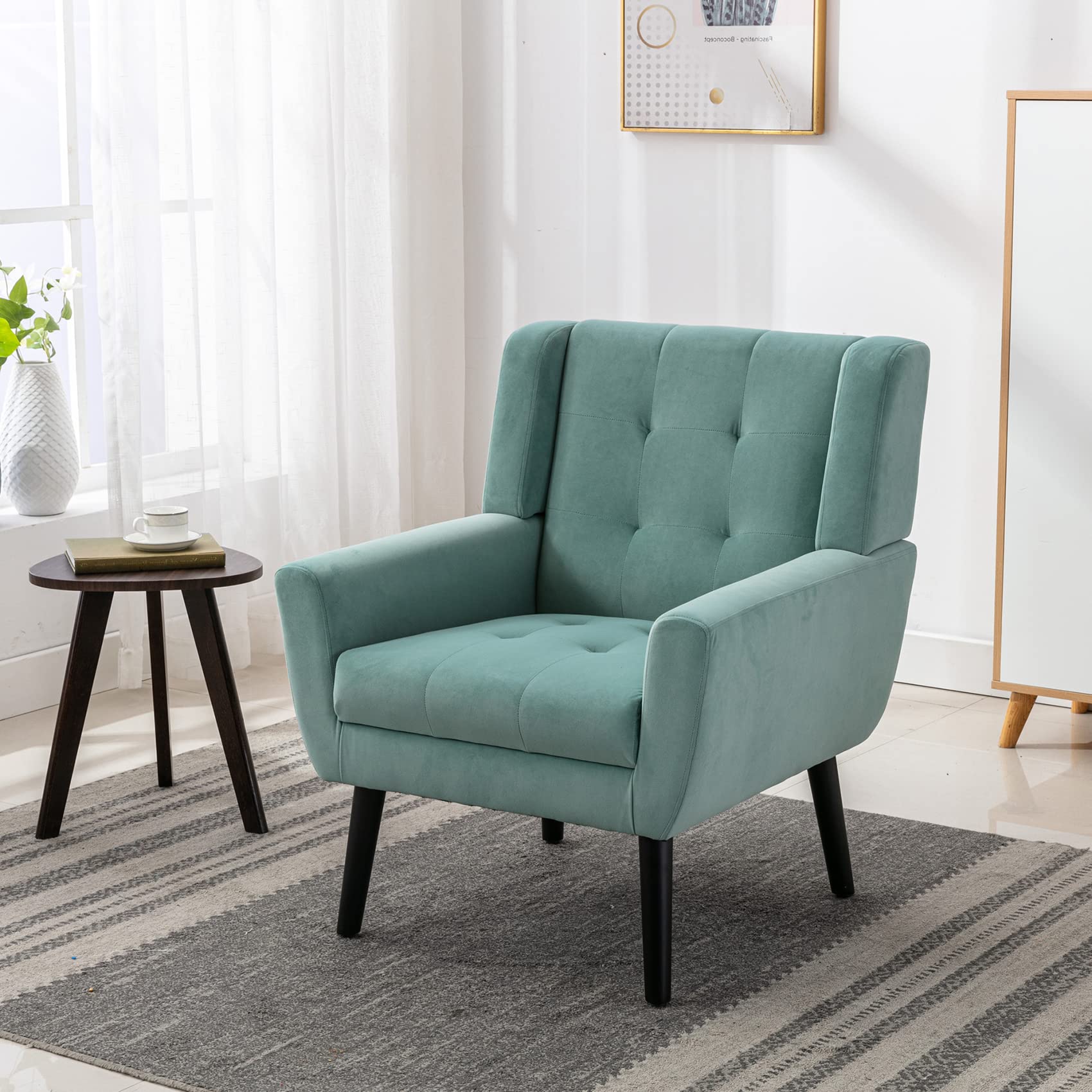 Midcentury Modern Velvet Accent Chair with Arms - Tufted Back Upholstered Reading Side Chair for Living Room, Bedroom & Office - Mint Green Wingback Lounge Chair for Relaxing & Home Decor