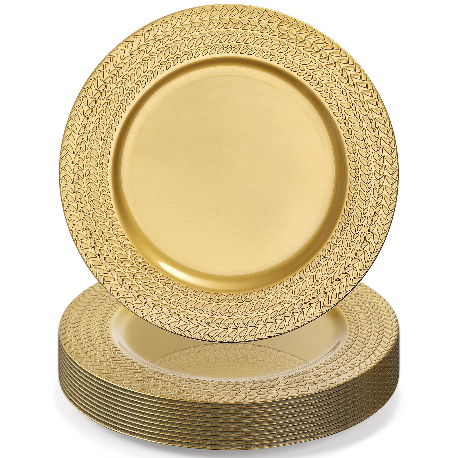 SOUJOY 12 Pack 13 Inch Gold Plastic Charger Plates - Elegant Leaf Trim Antique Dinner Plates for Wedding, Party, Anniversary, Thanksgiving & Christmas Decor - Perfect for Formal Dining, Buffet Settings & Holiday Tablescapes