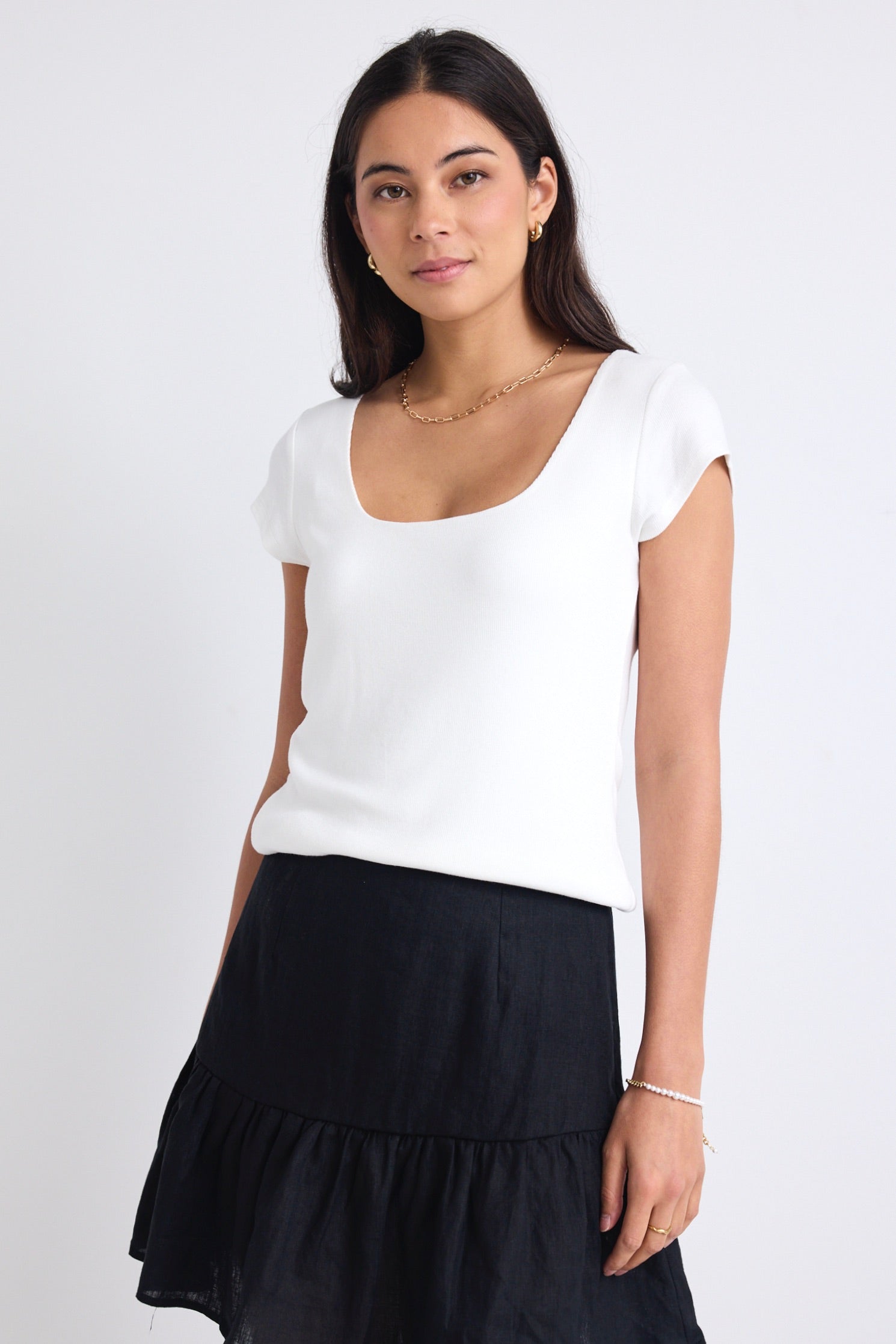 Definitive Ivory Cap Sleeve Square Neck Stretch Top for Women - Casual Summer T-Shirt for Outfits, Dates & Beach Wear