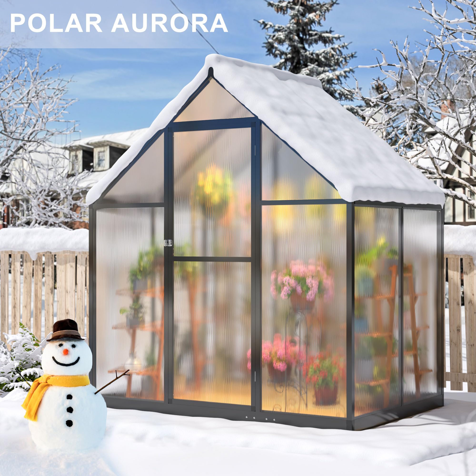4x6 FT Polar Aurora Greenhouse - Quick Assembly Aluminum Frame with Polycarbonate Panels, Walk-in Outdoor Greenhouse for Backyard Garden with Ventilated Windows | Perfect for Growing Vegetables, Herbs & Flowers Year-Round