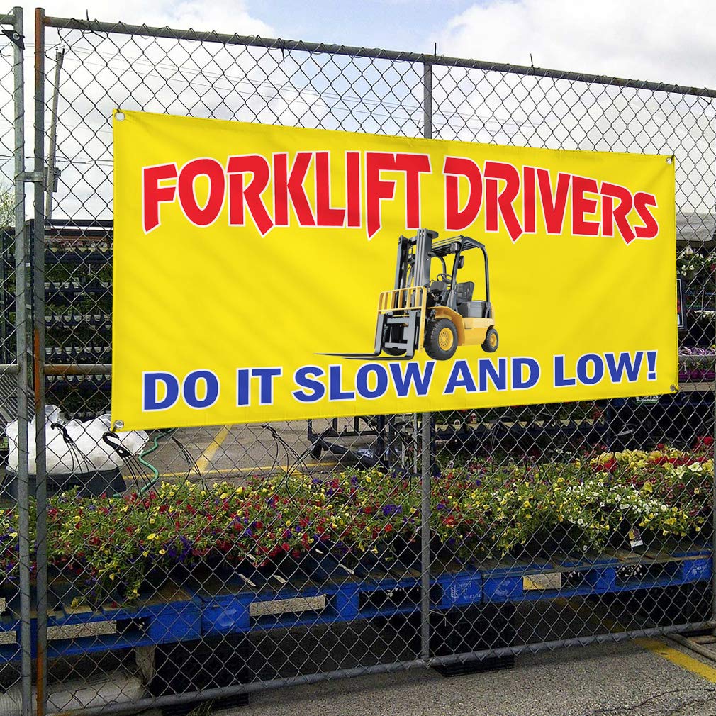 Vinyl Banner - Multiple Sizes (48x96 Inches) for Forklift Safety - Slow & Low Industrial Yard Signs - Weatherproof & Durable with 8 Grommets - Perfect for Warehouses, Construction Sites & Outdoor Safety Warnings