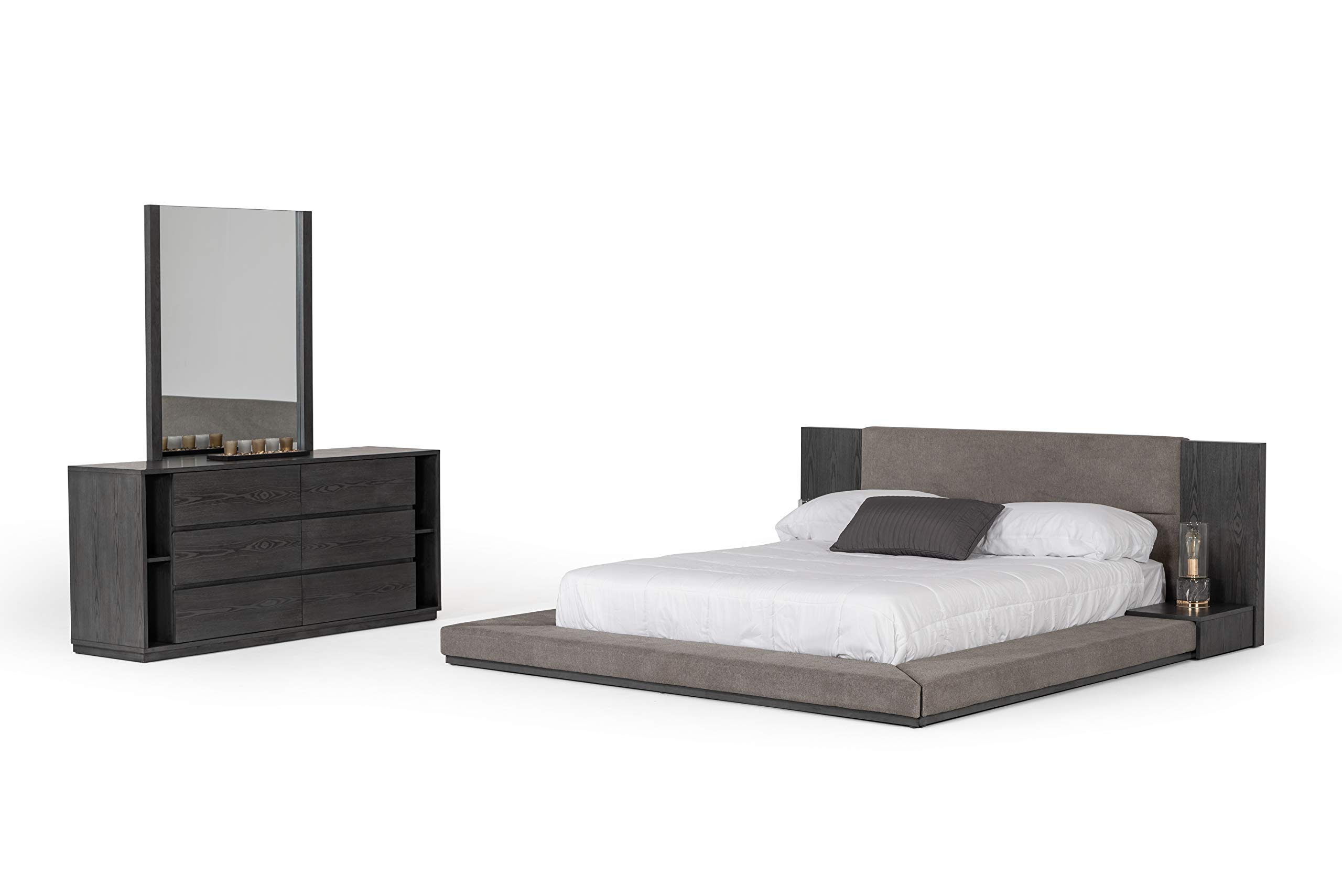Modern Fabric Upholstered Queen Platform Bed with Veneer Finish & Built-In Nightstands - Cimarron Collection - Grey | Stylish Bedroom Furniture for Contemporary Homes