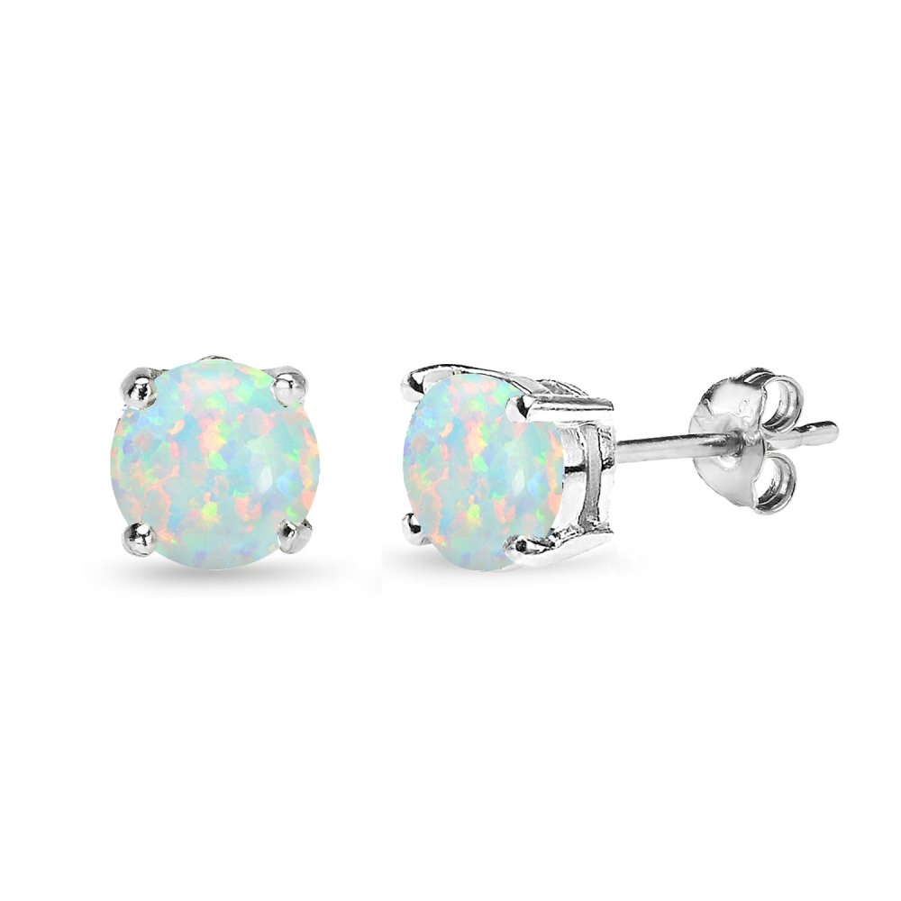 Opal Earrings for Women - Sterling Silver Round-Cut Solitaire Synthetic Stud Earrings | Perfect for Bridesmaids, Prom, Wedding & Everyday Elegant Jewelry