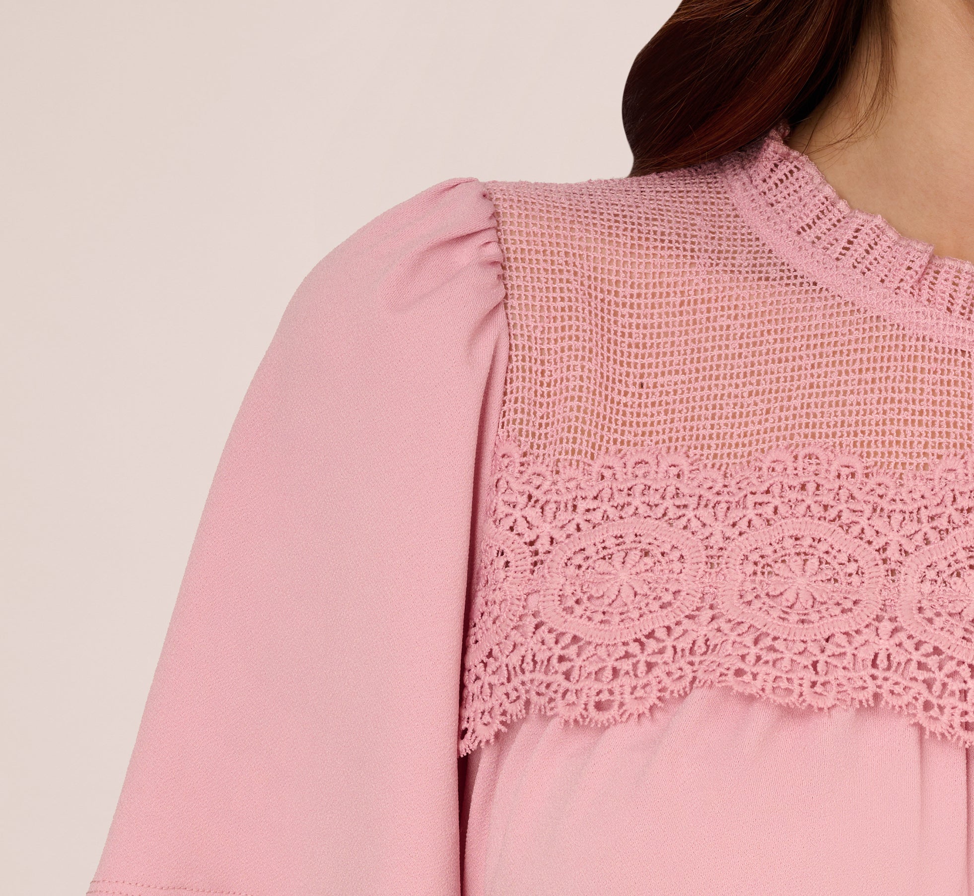 Flutter Sleeve Lace Yoke Trapeze Top - Women's Pink Nectar Blouse for Casual Wear & Summer Outfits