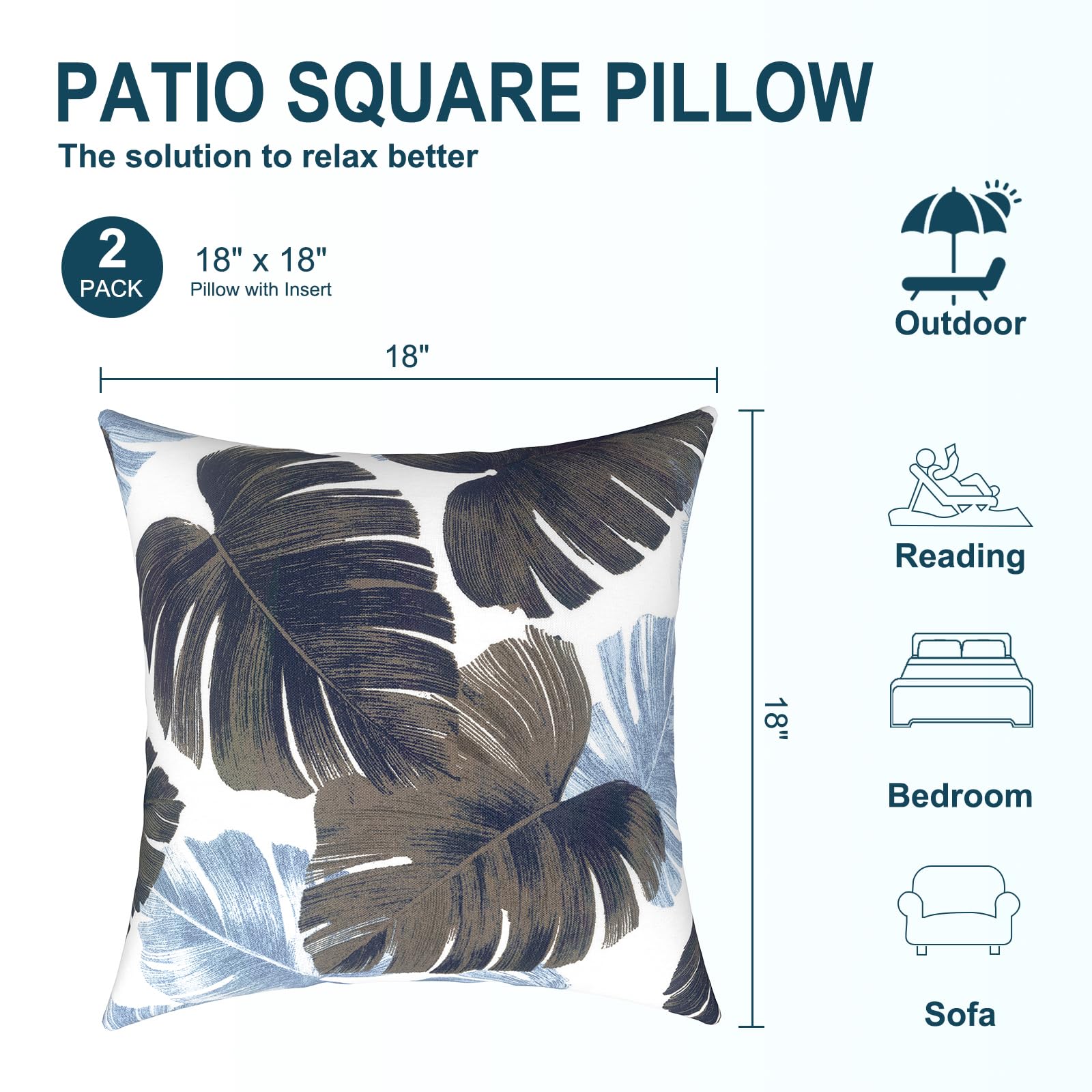 2 Pack Waterproof Outdoor Throw Pillows with Inserts - 18x18 Inch Square Decorative Cushions for Patio, Sofa, Bench & Garden Furniture (Monstera Blue) - Perfect for Backyard Lounging, Poolside Relaxation & Outdoor Decor