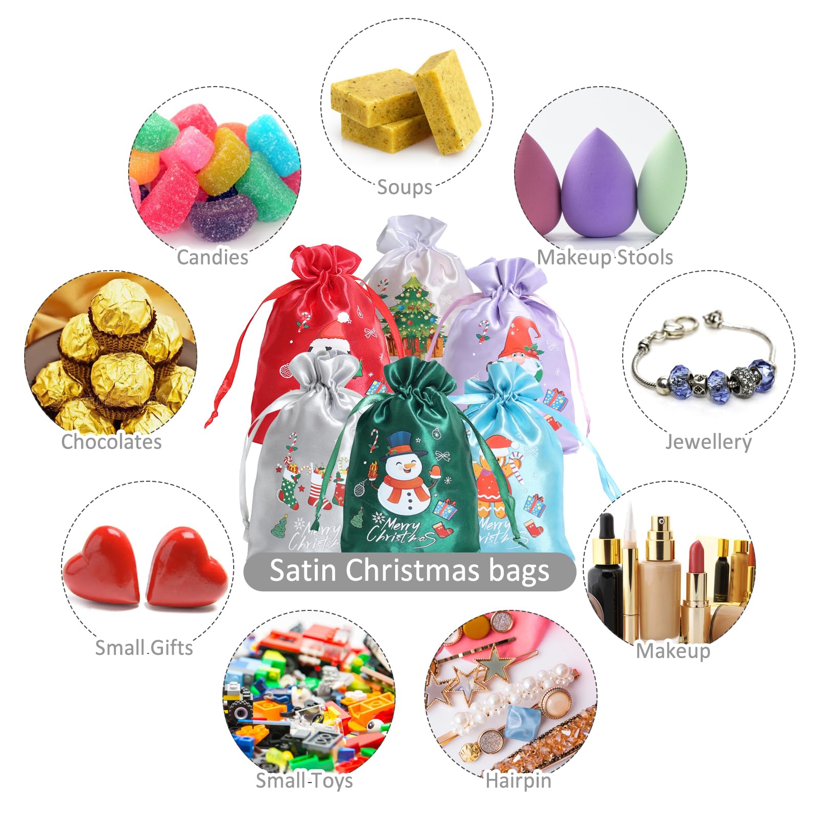 24-Piece Small Christmas Drawstring Bags - Elegant Satin Holiday Treat Bags Bulk for Advent Calendar, Winter Party Favors & Gift Wrapping | Perfect for Candy, Small Gifts & Stocking Stuffers