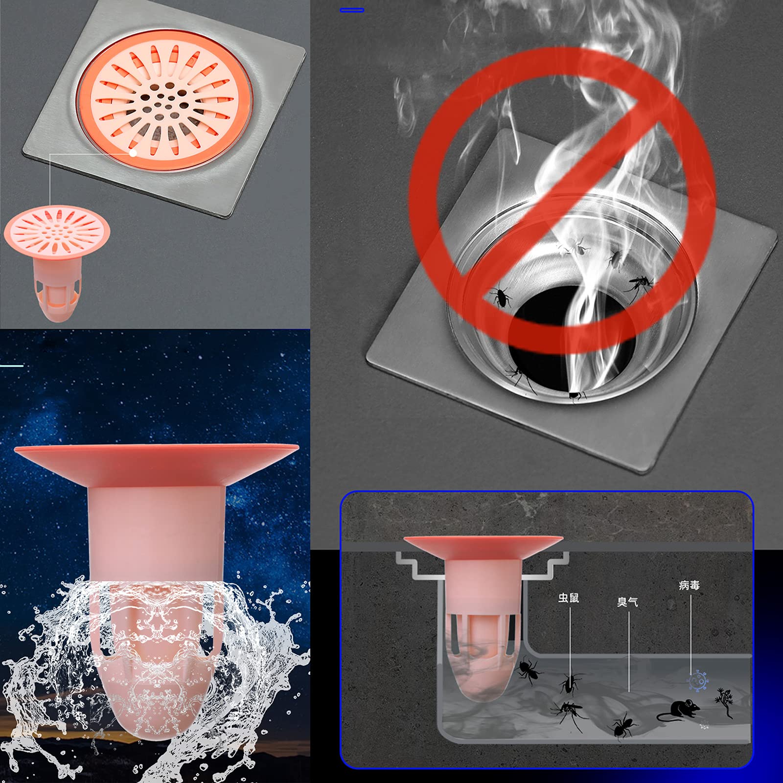 Anti-Backflow Shower Drain Valve - 2 Pack Pink Sewer Core Drain Plug with Hair Catcher & Gas Seal - Bathroom Floor Strainer for Clog Prevention & Odor Control - Ideal for Homes, Apartments & RV Showers