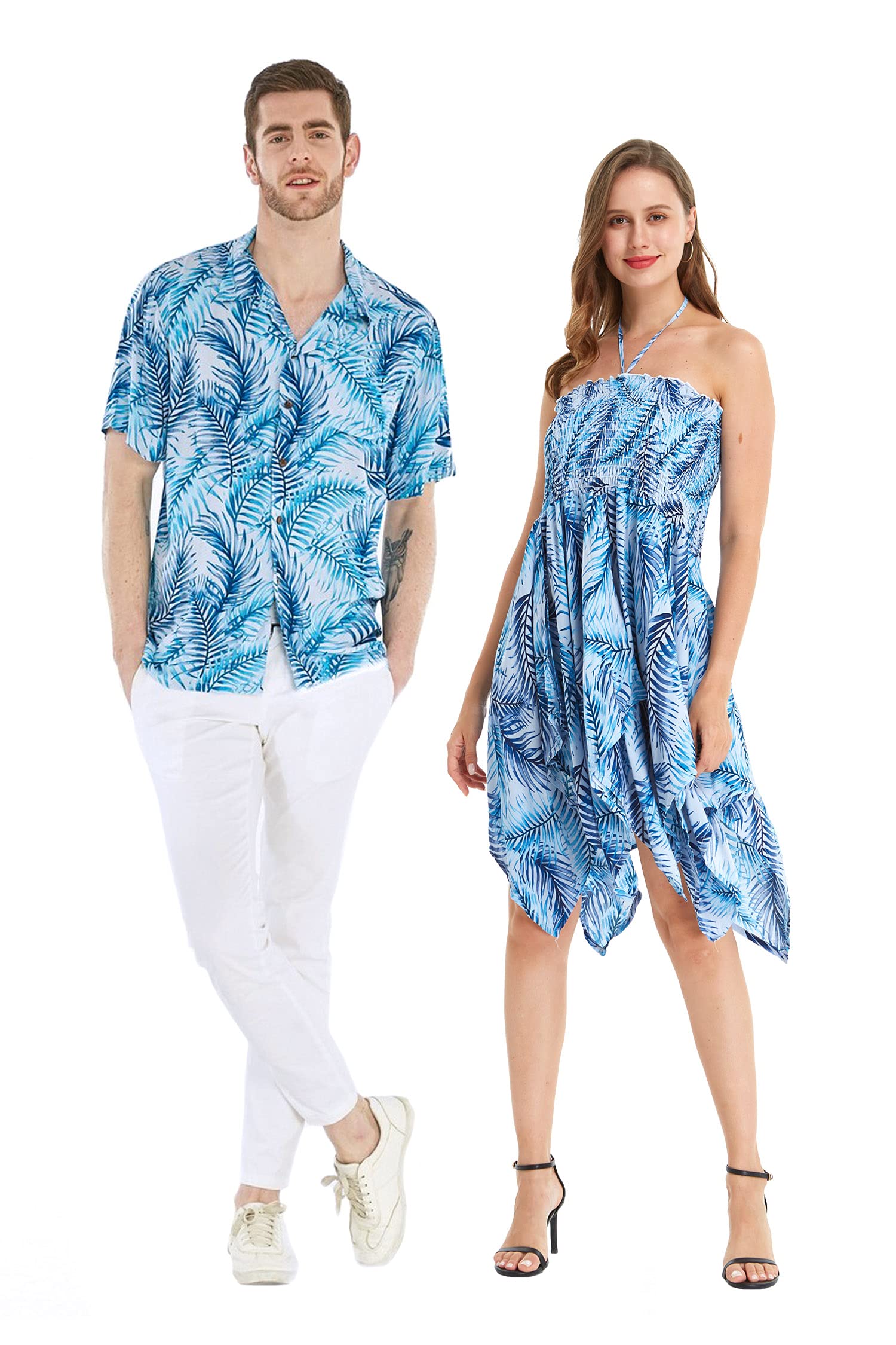 Stylish Matching Couple Hawaiian Luau Shirts & Fairy Dresses - Simply Blue Leaf Design for Beach Vacations, Luau Parties & Tropical Getaways
