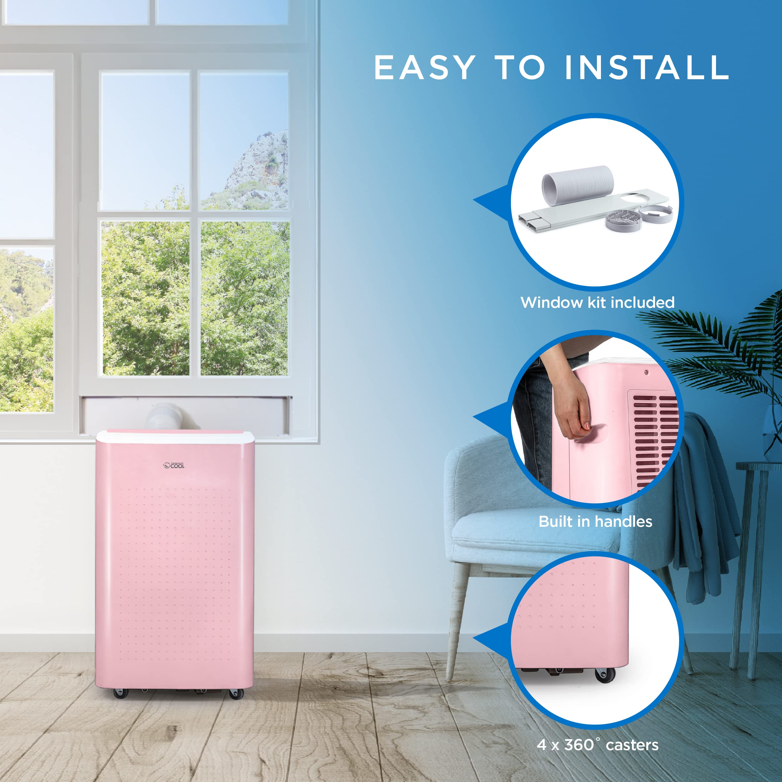 COMMERCIAL COOL 9,000 BTU Portable Air Conditioner with Dehumidifier & Fan - Cools Up to 400 Sq. Ft, Wi-Fi Enabled, Pink - Perfect for Bedrooms, Offices & Small Apartments