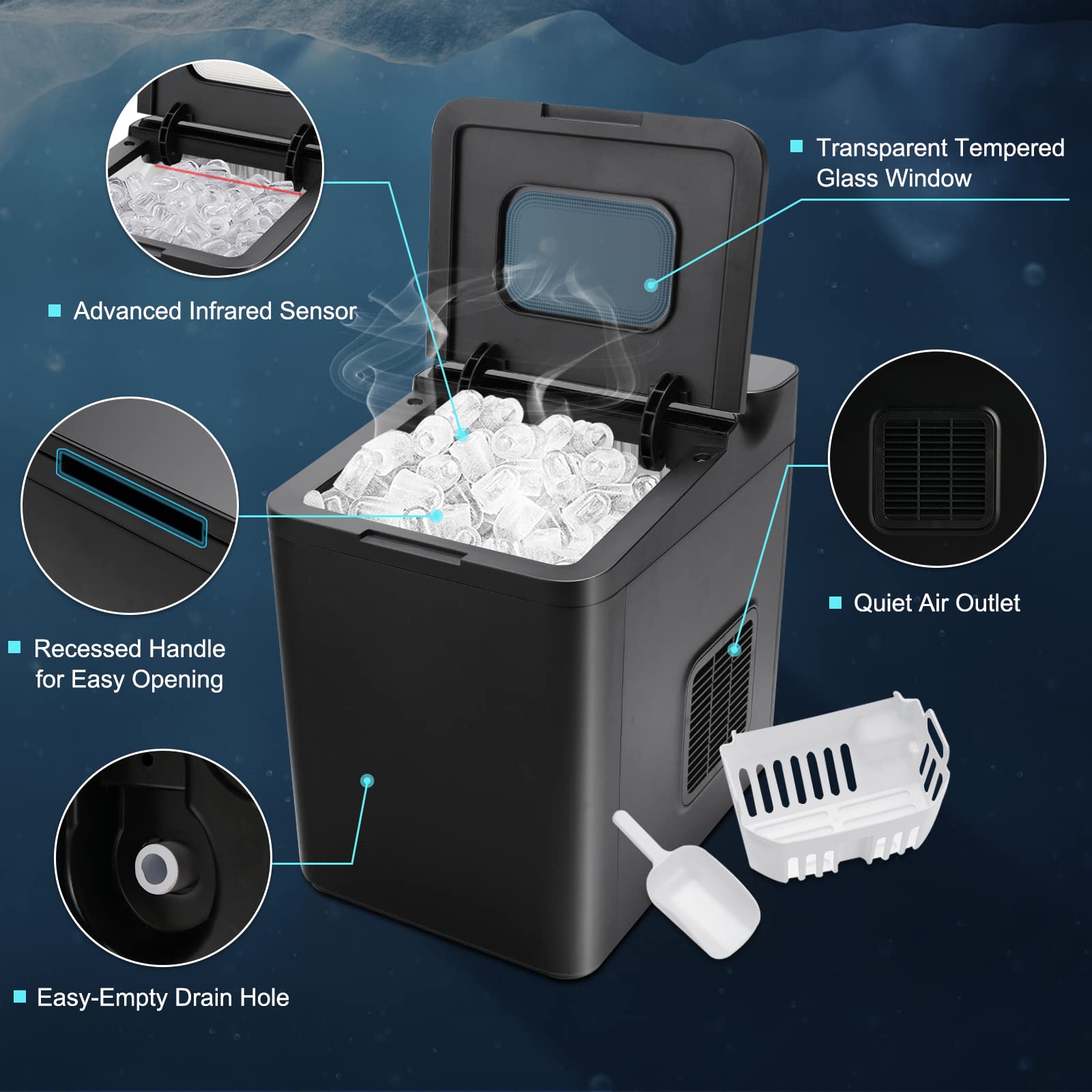 SIMOE Countertop Ice Maker Machine - 33Lbs/24H Fast Ice Production, Self-Cleaning Portable Ice Machine with 2 Size Options, 9 Cubes in 6 Minutes, Quiet Operation & LED Display - Perfect for Home Kitchen, Office, Parties, Bars and Outdoor Events (Black)