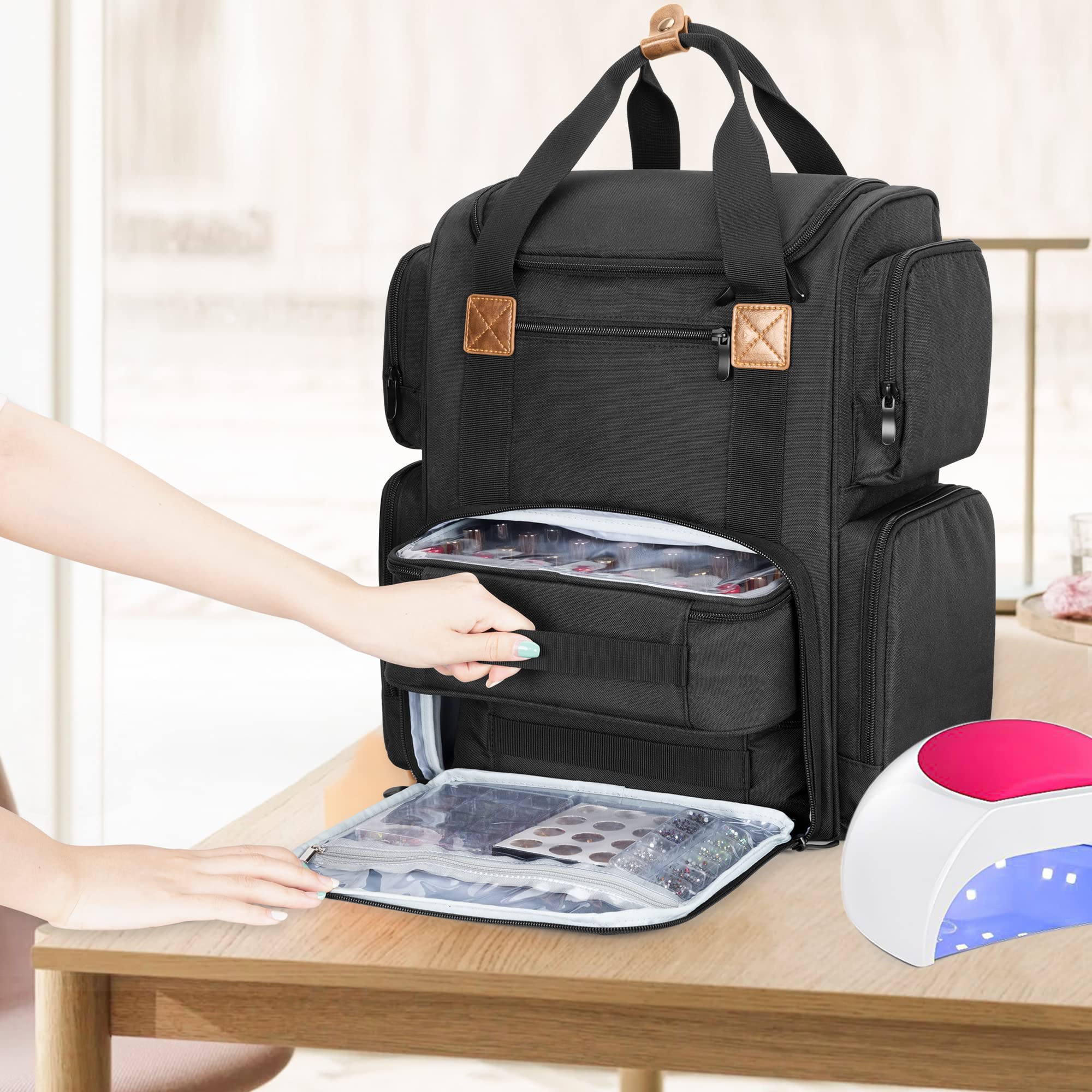 BAFASO Professional Nail Polish Organizer Backpack - Holds 70 Bottles & Nail Lamp, 2 Removable Pouches, Laptop Sleeve (Patented Design) - Perfect for Mobile Nail Technicians & Salon Professionals - Black