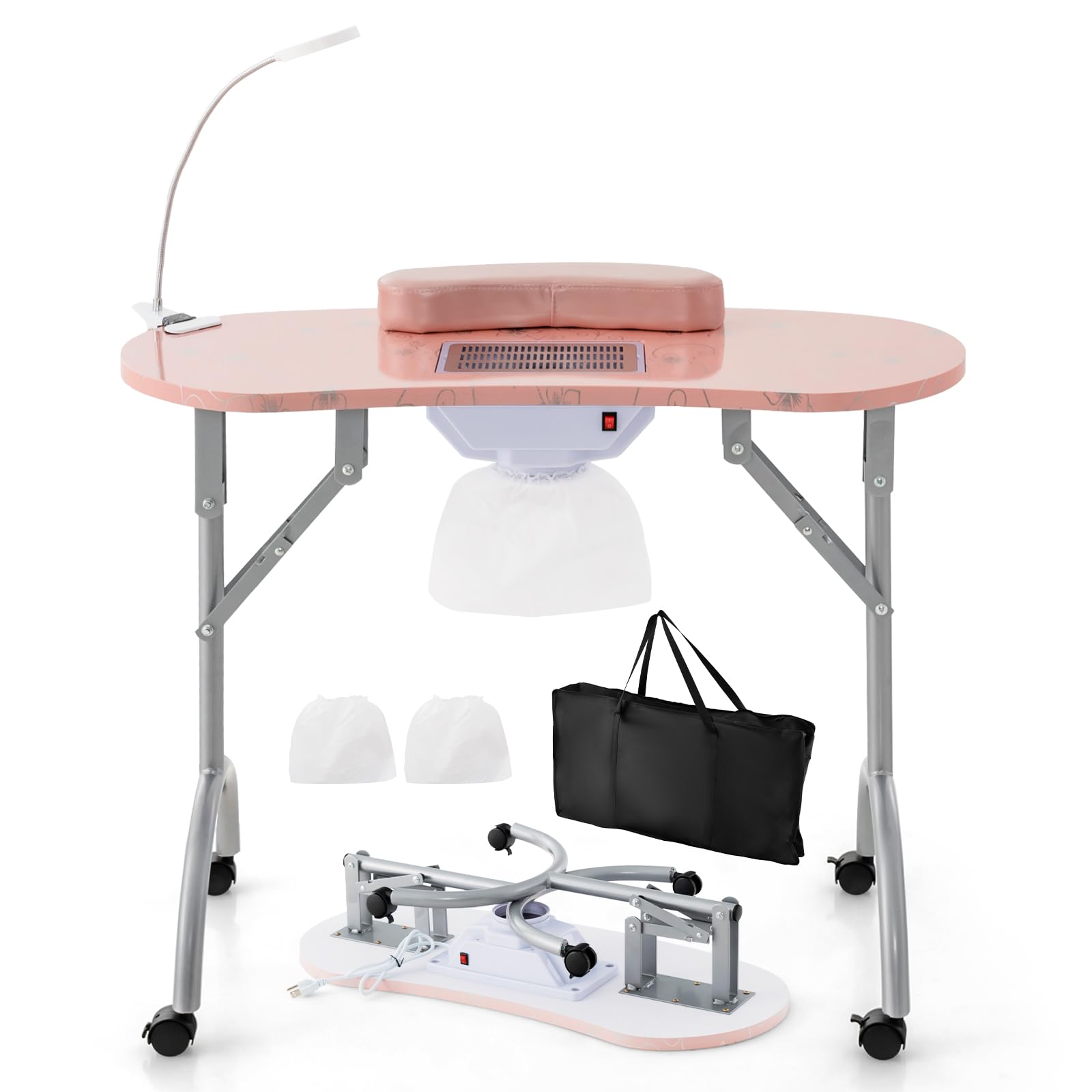 35-inch Foldable Portable Nail Salon Table with Electric Dust Collector & Adjustable LED Lamp - Professional Manicure Station for Nail Technicians with 4 Lockable Wheels & Carry Bag - Perfect for Home Salons, Mobile Services & Beauty Studios