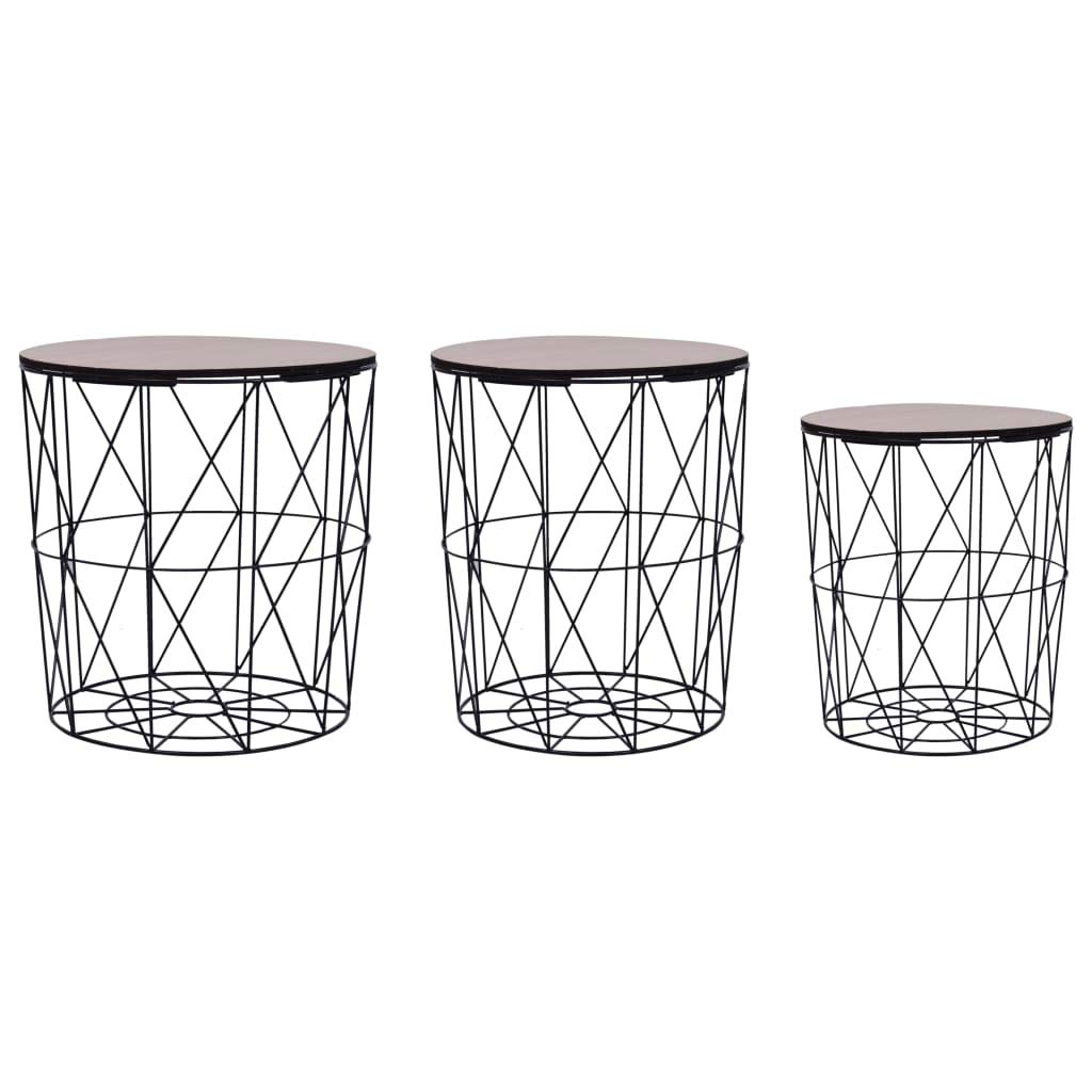 Stackable Round Nesting Coffee Tables with Storage Baskets - Set of 3 Black End Tables for Living Room | Removable Wood Tops | Space-Saving Side Tables for Small Spaces, Apartments & Dorm Rooms