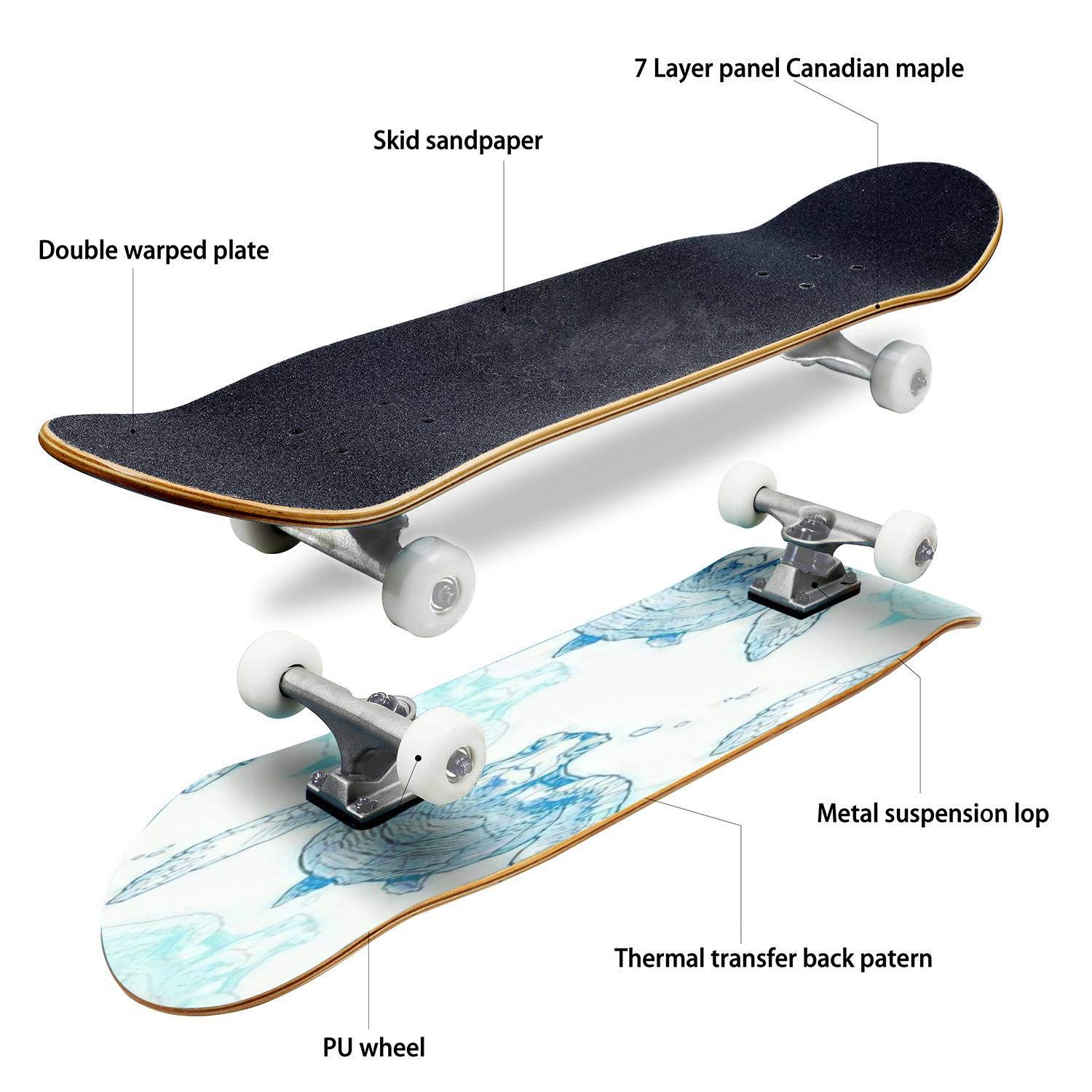 Hand Drawn Sea Turtle Vector Skateboard - Classic Concave Longboard for Beginners & Professionals | Extreme Sports Gear, Cool Teen Gifts for Skateboarding & Beach Cruising
