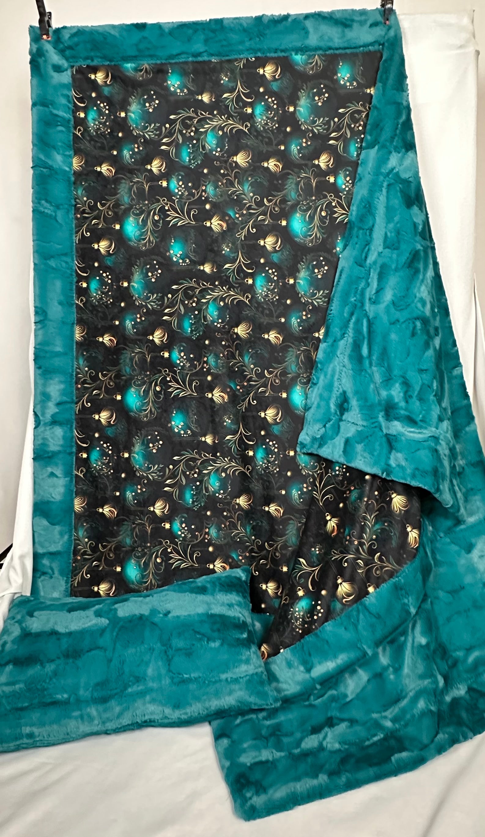 Teal and Gold Christmas Ornaments Wide Large 61x77 Minky Blanket with 15x24 Pillowcase - Soft Holiday Decor for Bedroom, Living Room & Cozy Gift