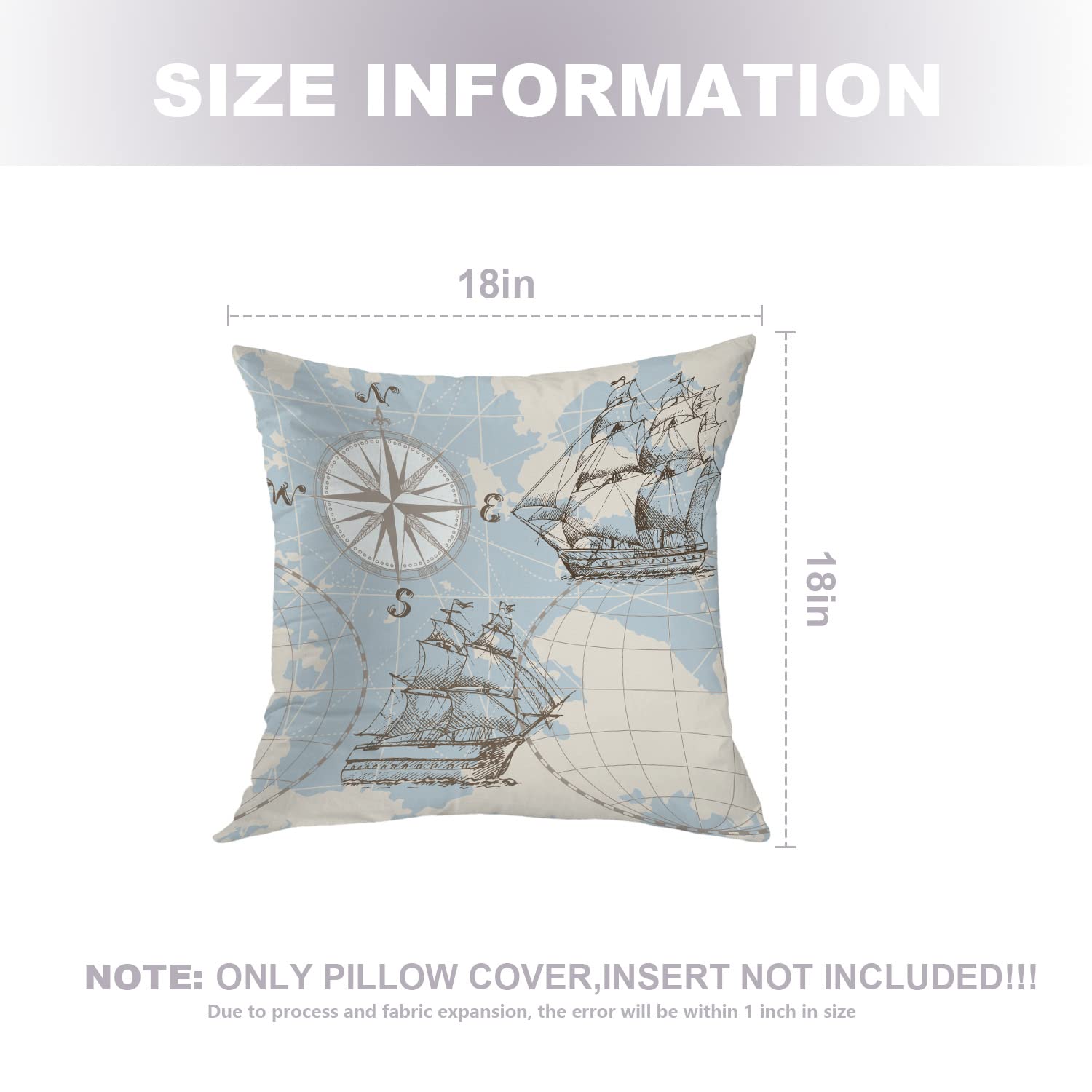 Nautical Decorative Pillow Covers 18x18 Inch - Ocean Map with Compass & Sailboat Design, Cotton Square Cushion Covers for Sofa, Bed, Boat or Beach House Decor