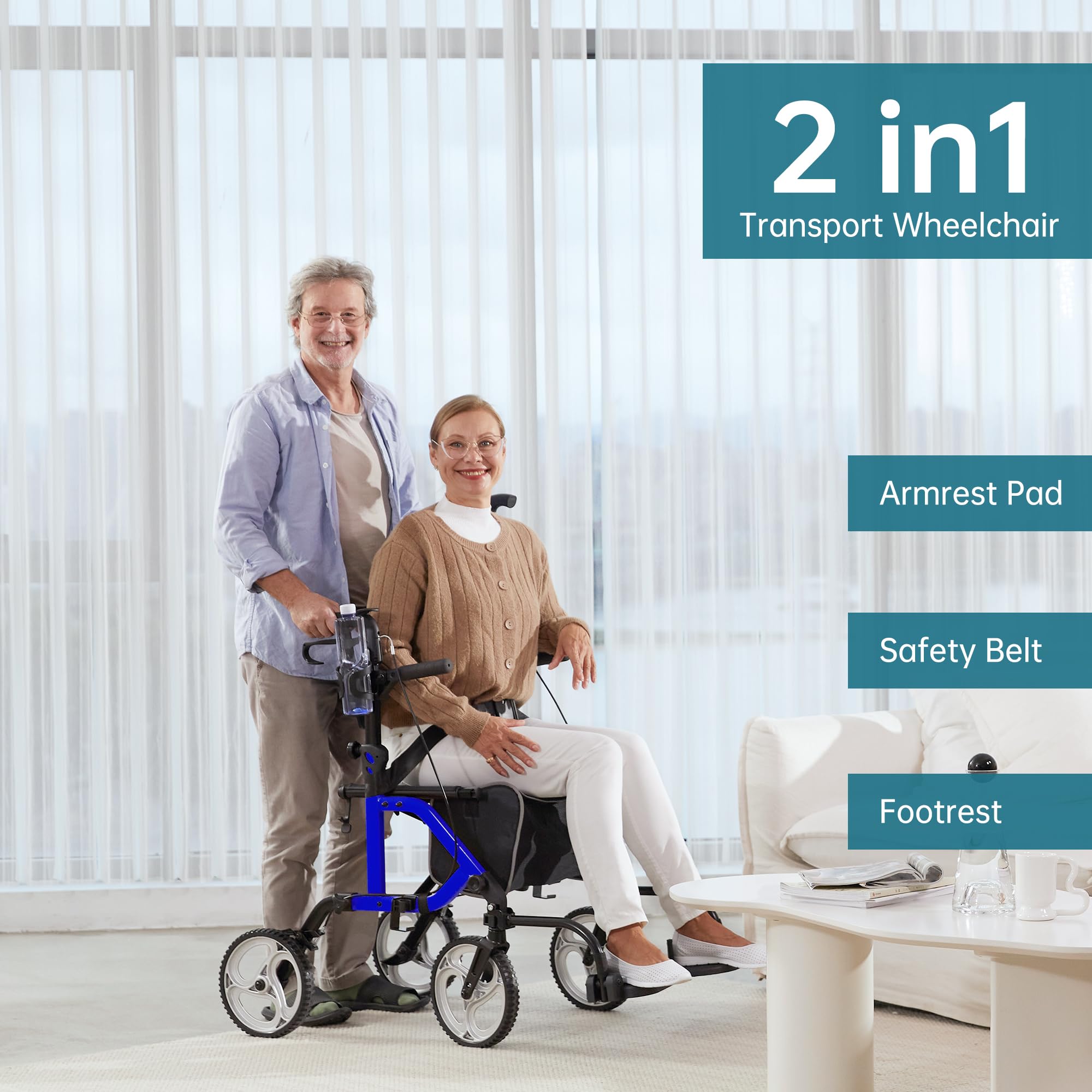 ELENKER 2 in 1 Rollator Walker & Transport Chair - Folding Wheelchair with 10