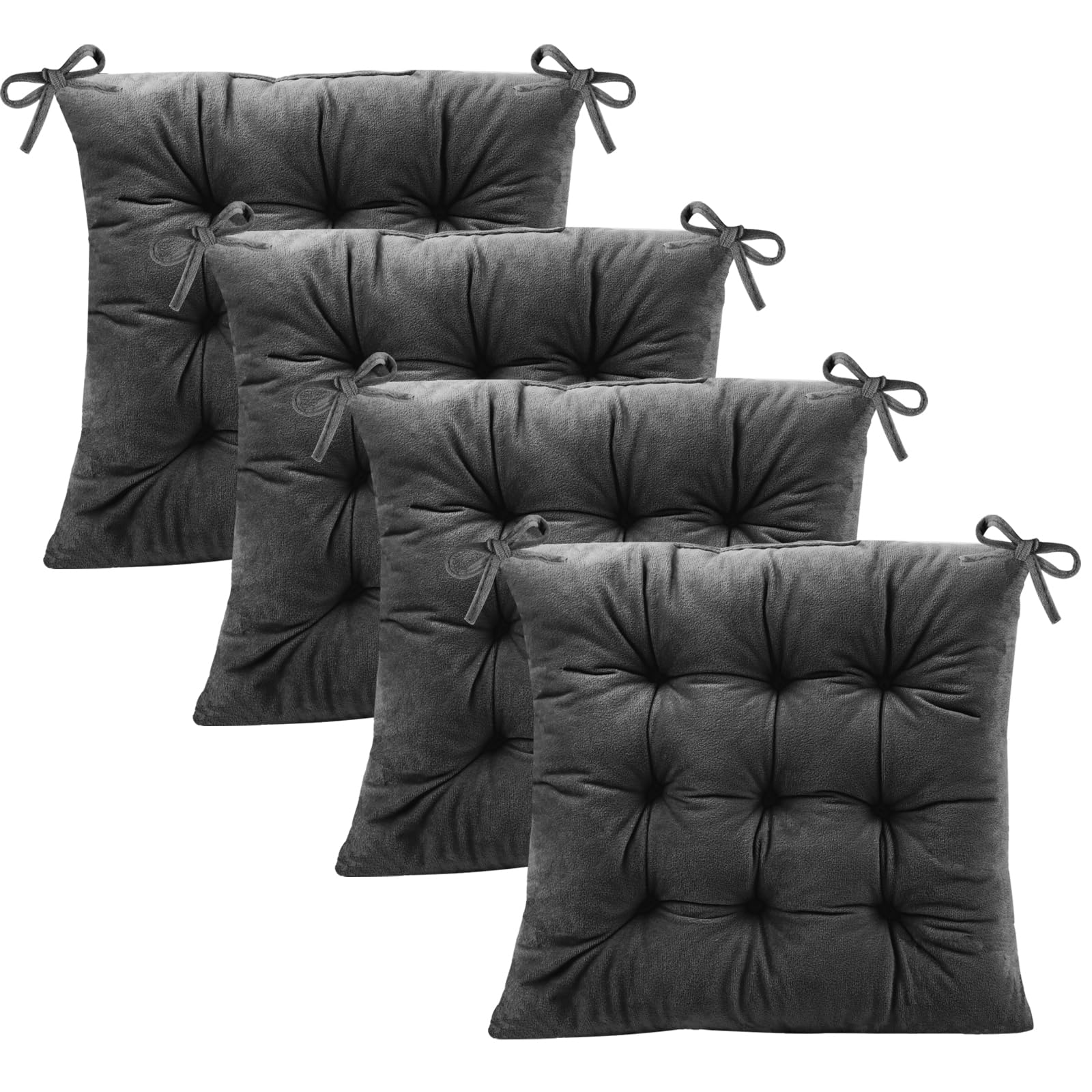 4 Pack Square Seat Cushions - Soft Velvet Chair Pads with Ties for Kitchen, Dining, Office & Living Room - 15.5