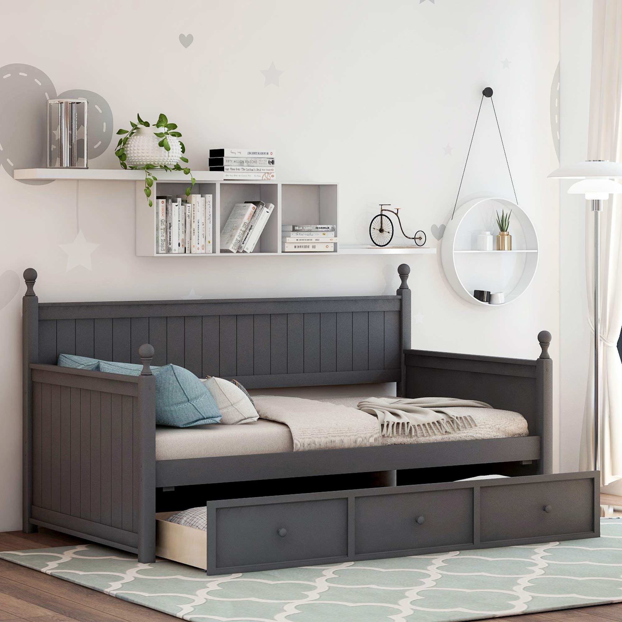Solid Wood Twin Size Daybed with 3 Drawers - Storage Bed, Sofa Bed for Bedroom, Living Room & Guest Room - Wooden Slat Support, No Box Spring Needed (Gray) - Perfect for Small Spaces, Sleepovers & Multi-Functional Furniture Needs