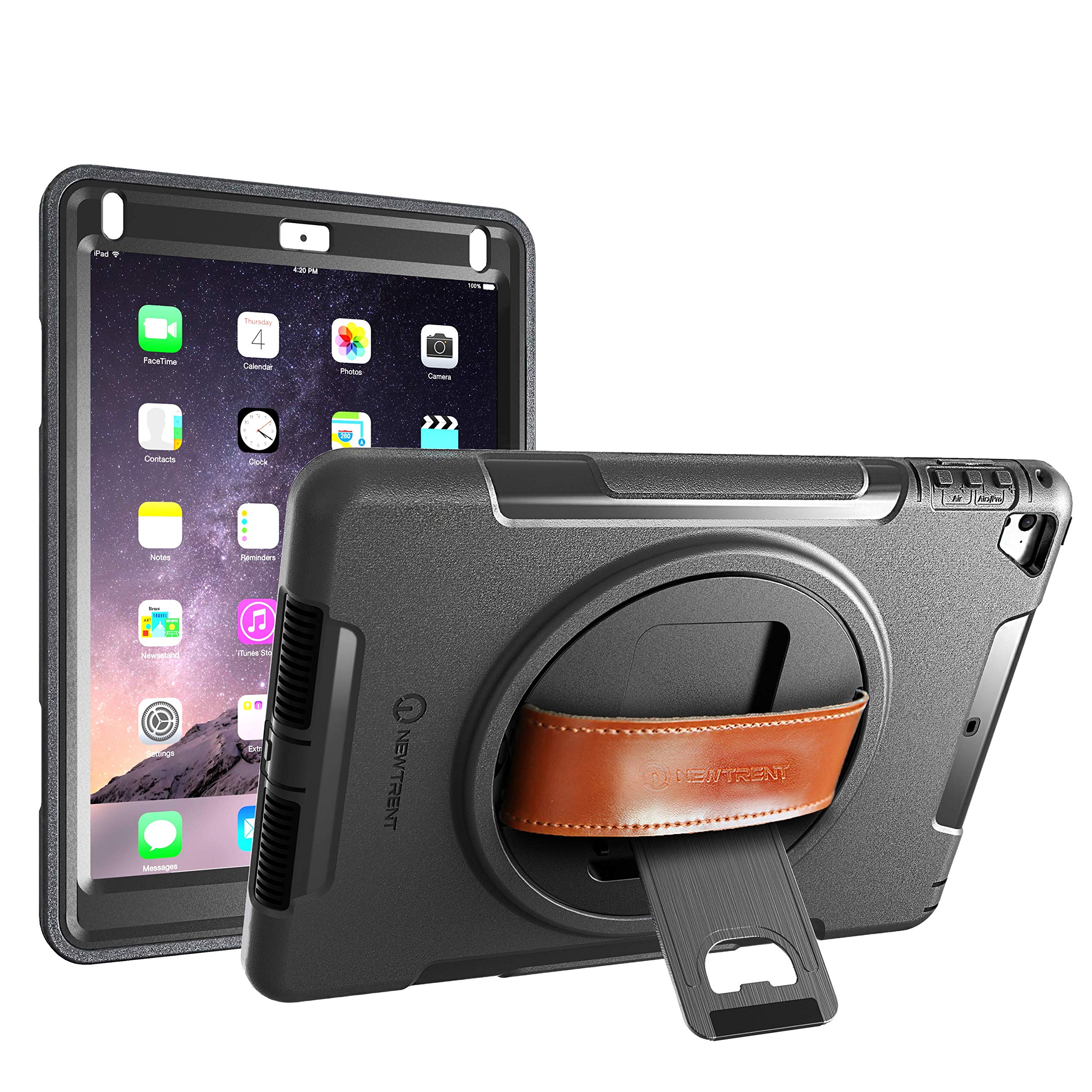 Shockproof iPad Case for iPad 5th/6th Gen, iPad Air 2 & iPad Pro 9.7 - Full Body Protection with Rotating Stand, Built-in Screen Protector & Premium Leather Hand Strap - Heavy Duty Protective Cover for Work, Travel & School Use