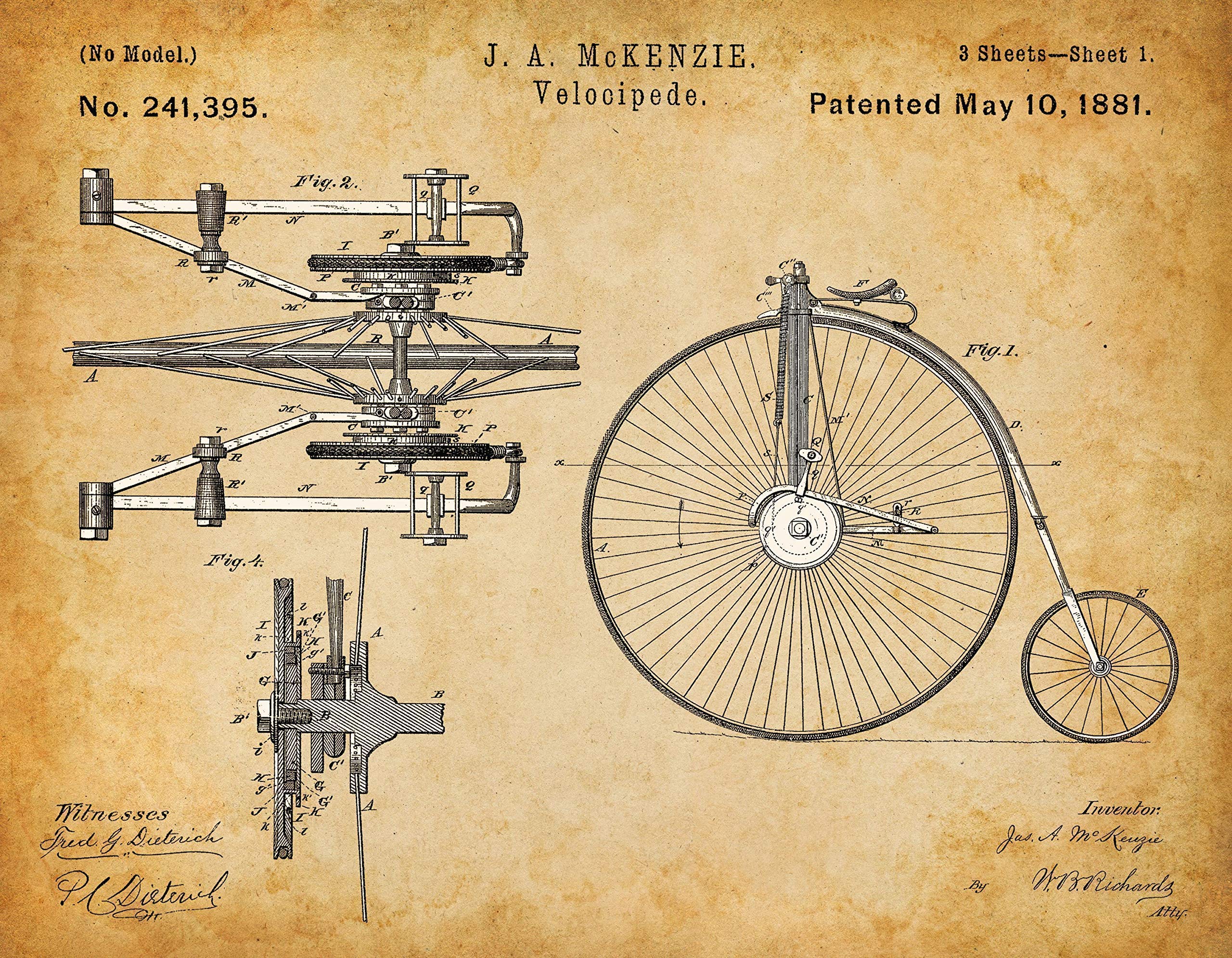 Velocipede Bicycle Patent Print - Vintage Cycling Decor | Retro Bike Wall Art for Home & Garage | Perfect Gift for Cyclists & Bike Lovers | Choose Unframed Poster or Canvas Print | Ideal for Man Cave, Cycling Studio & Bike Shop Decor