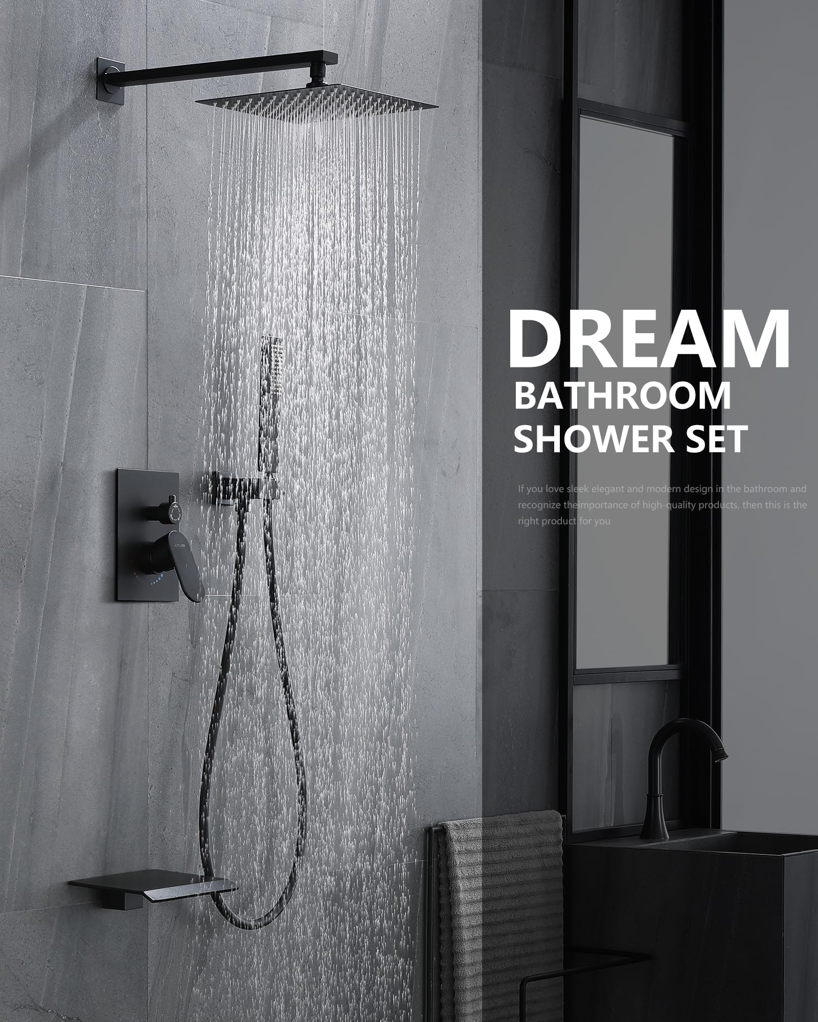 Luxury Black Shower System Combo - 10 Inch Square Rainfall Shower Head & Handheld Set with Wall Mounted Faucet, Tub Spout & Valve Trim Kit | Perfect for Modern Bathroom Renovation & Spa-Like Shower Experience