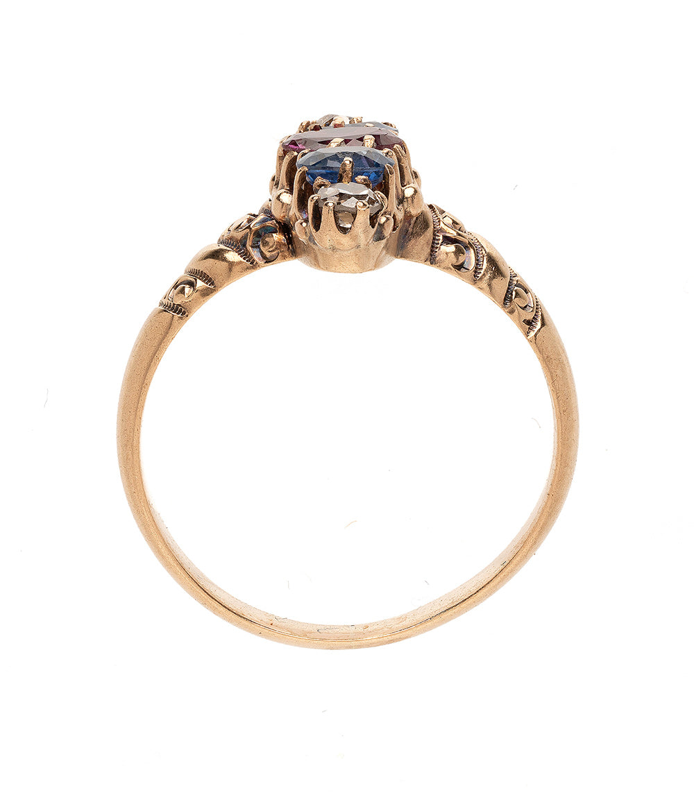 Victorian Style Candy Stripe Ring with Sapphire, Garnet & Diamond Gemstones - Elegant Jewelry for Weddings, Parties & Special Occasions