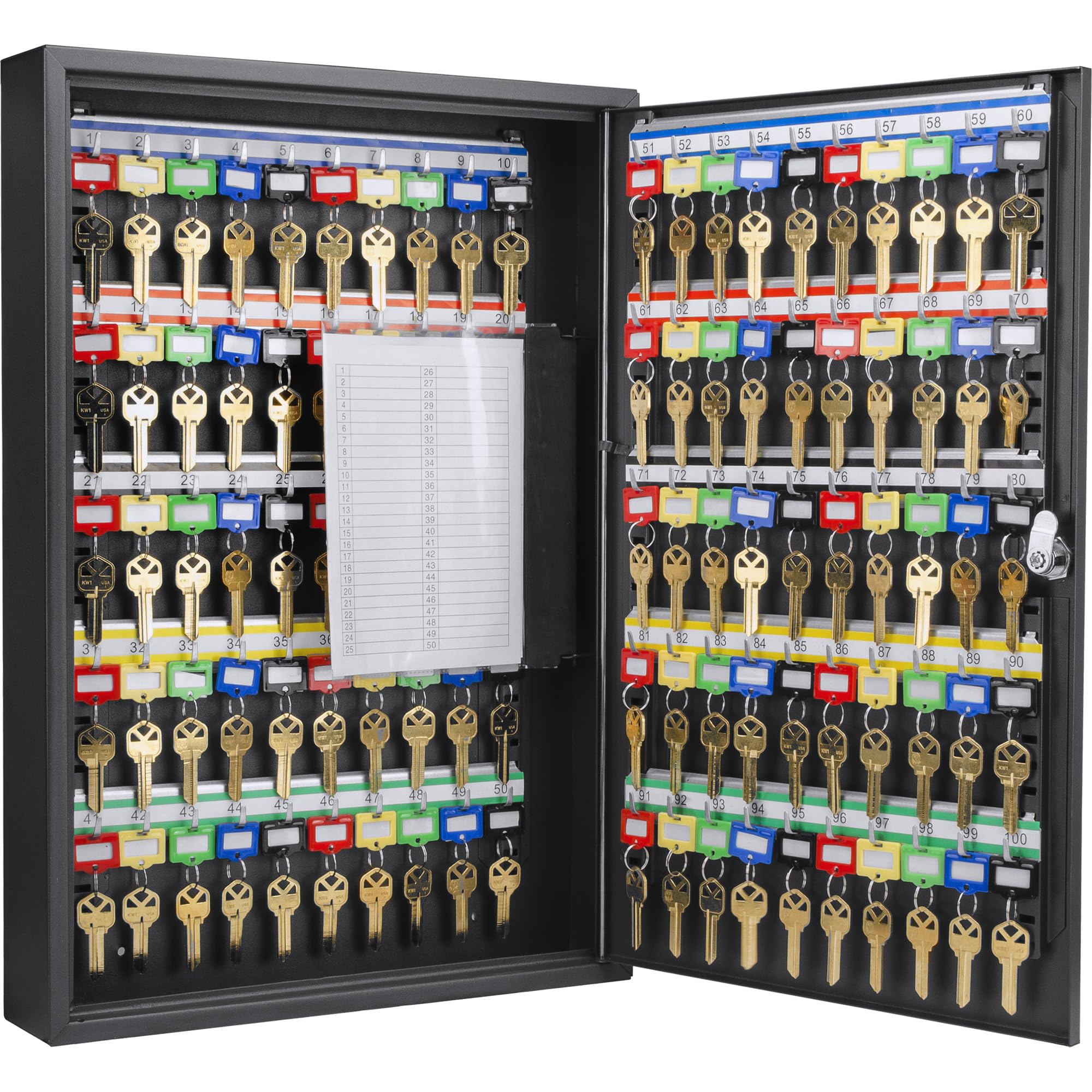 Barska 100 Position Adjustable Key Cabinet Lock Box with Colorful Key Tag Labels - Secure Key Storage for Home, Office & School - Black Key Lock Box