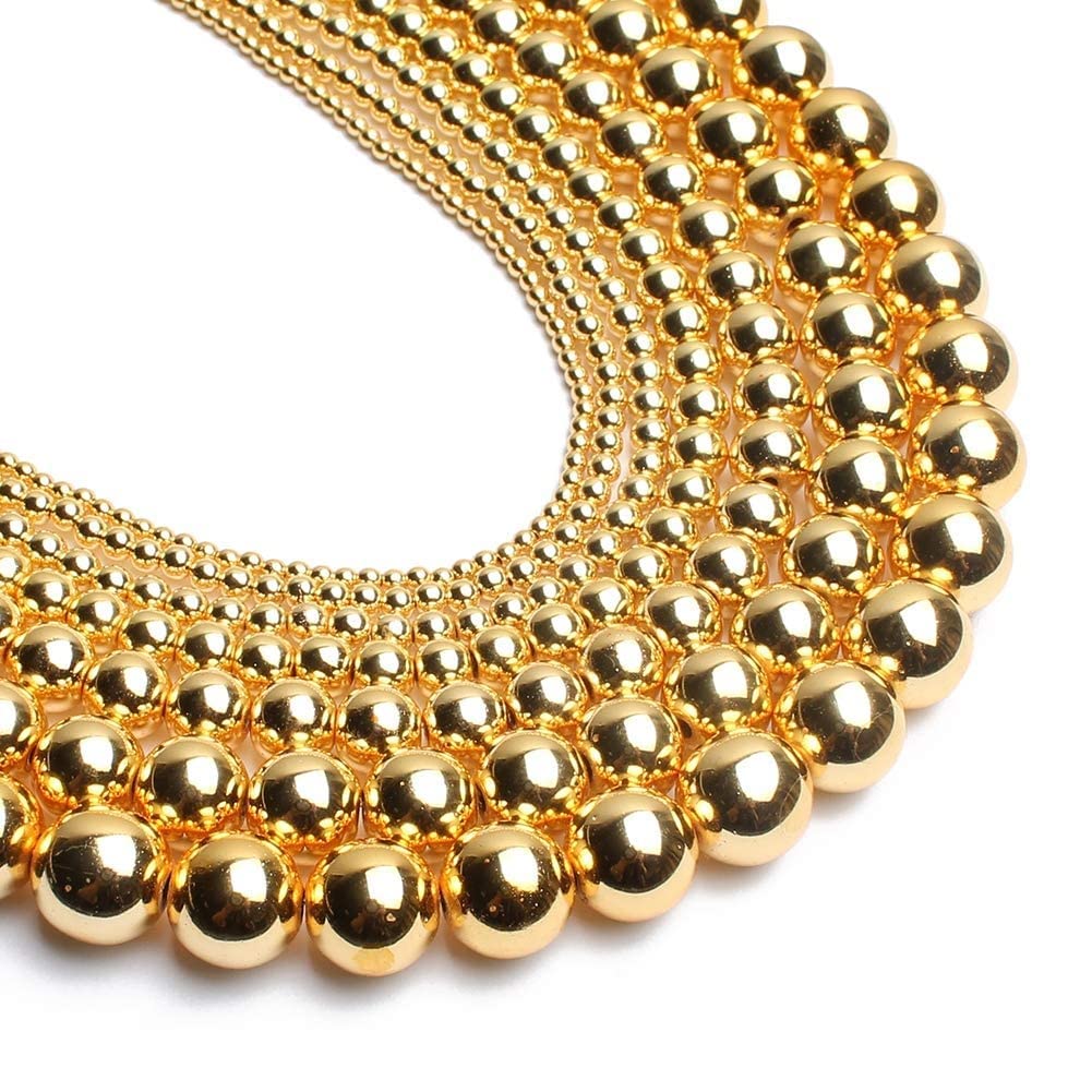 2 Strings 8mm Gold Hematite Beads for Jewelry Making - Smooth Round Loose Non-Magnetic Metallic Beads (90-100pcs) - Perfect for Bracelets, Necklaces & DIY Craft Projects