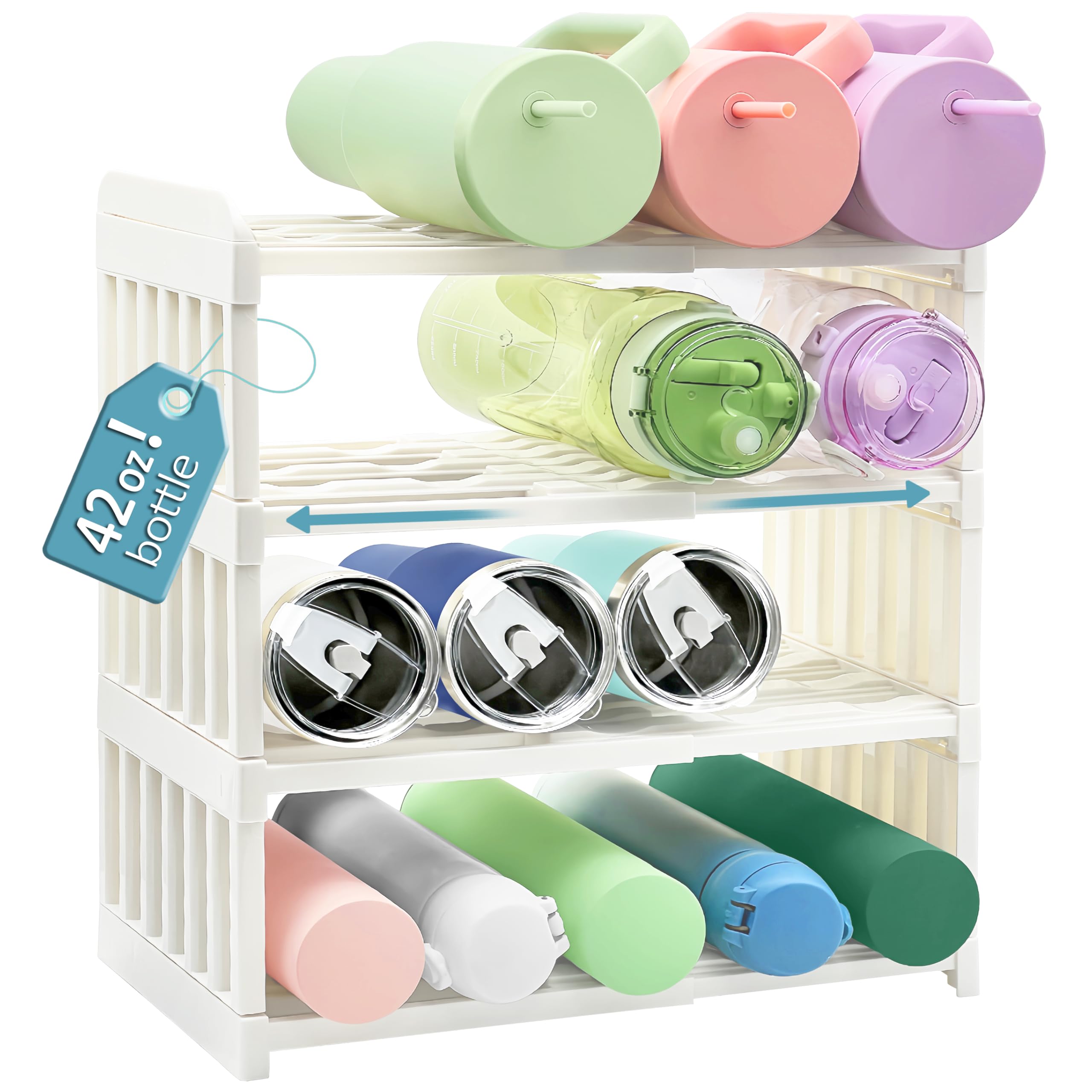 Adjustable Water Bottle Holder Organizer - 4 Pack for Cabinet & Kitchen Pantry Storage | Perfect for Tumbler, Mug & Starbucks Cup Organization | Ideal for Home, Office & Dorm Room Organization