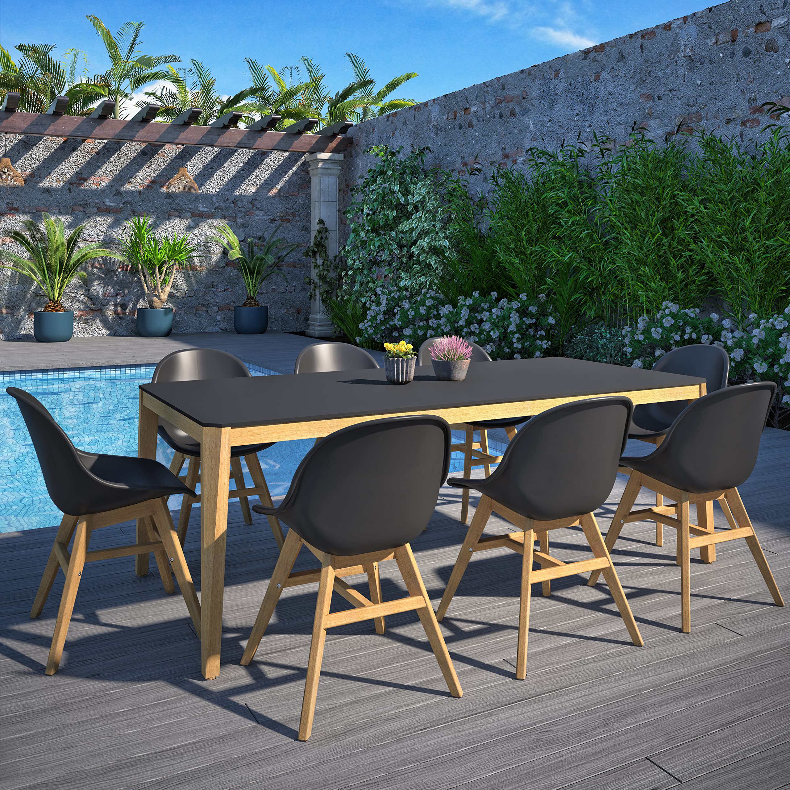 Urban Elements Eugène 9-Piece Patio Furniture Set - 100% FSC Certified Eucalyptus Wood with Teak Finish | Outdoor Dining Table & Chairs, Backyard Furniture Set in Black | Perfect for Garden Parties, Poolside Lounging & Al Fresco Dining