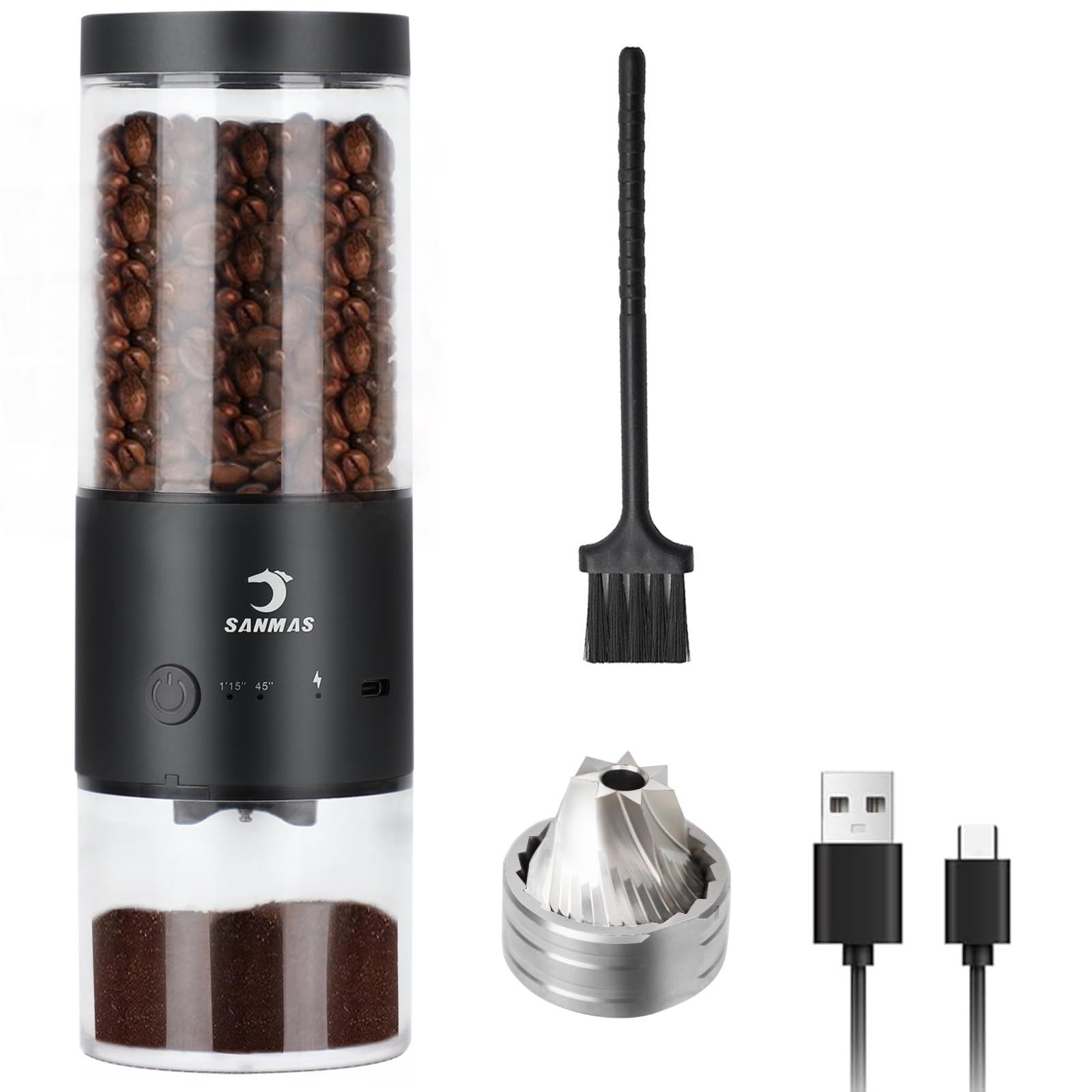 SANMAS Electric Burr Coffee Grinder - Rechargeable Stainless Steel Coffee Bean Mill with 80 Adjustable Settings (Fine to Coarse) for Espresso, French Press & Drip Coffee - Portable for Camping, Travel & Home Use
