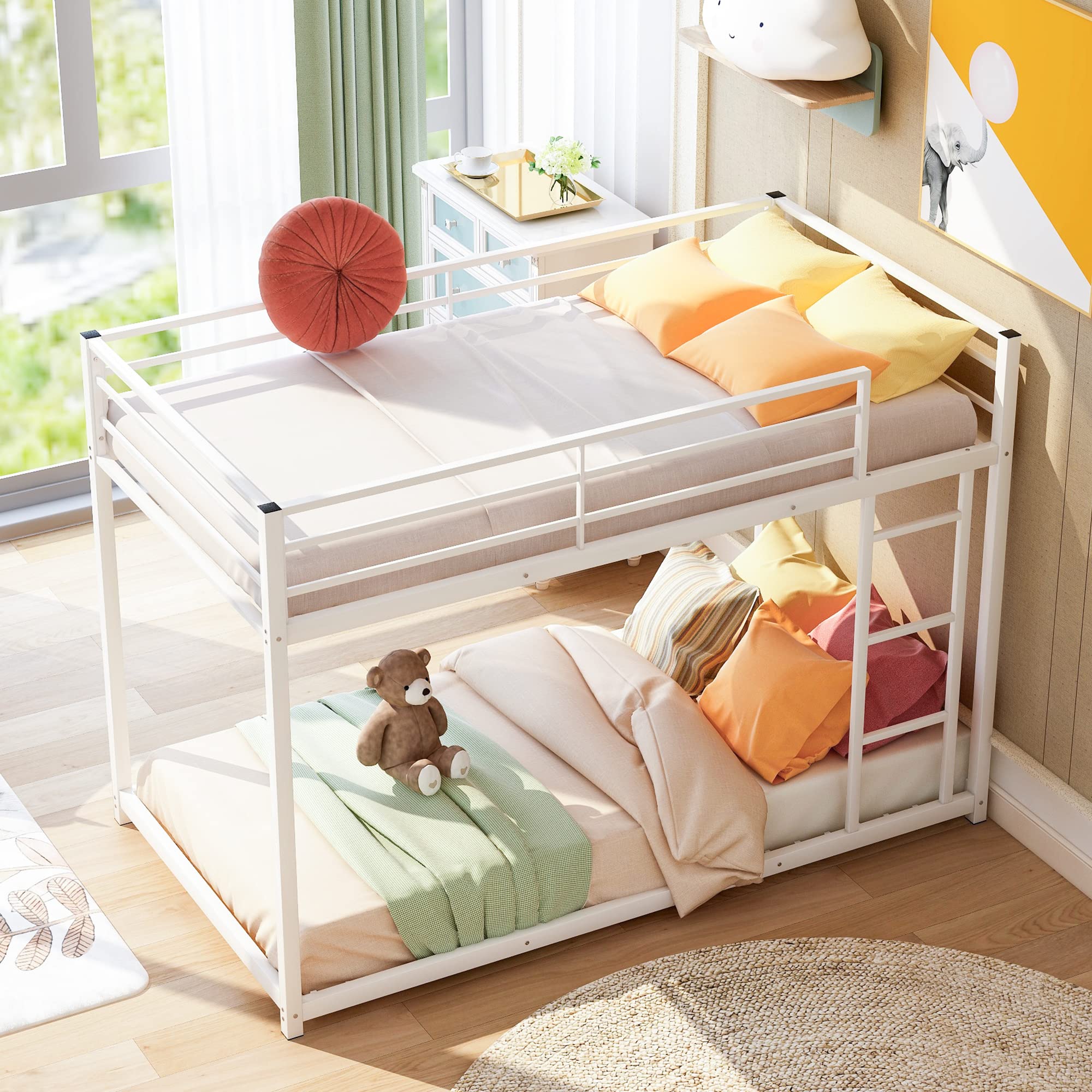 Junior Twin Over Twin Metal Bunk Bed Frame - Low Profile Heavy Duty Kids Bunk Bed in White | Space-Saving Sleep Solution for Siblings, Sleepovers & Small Bedrooms