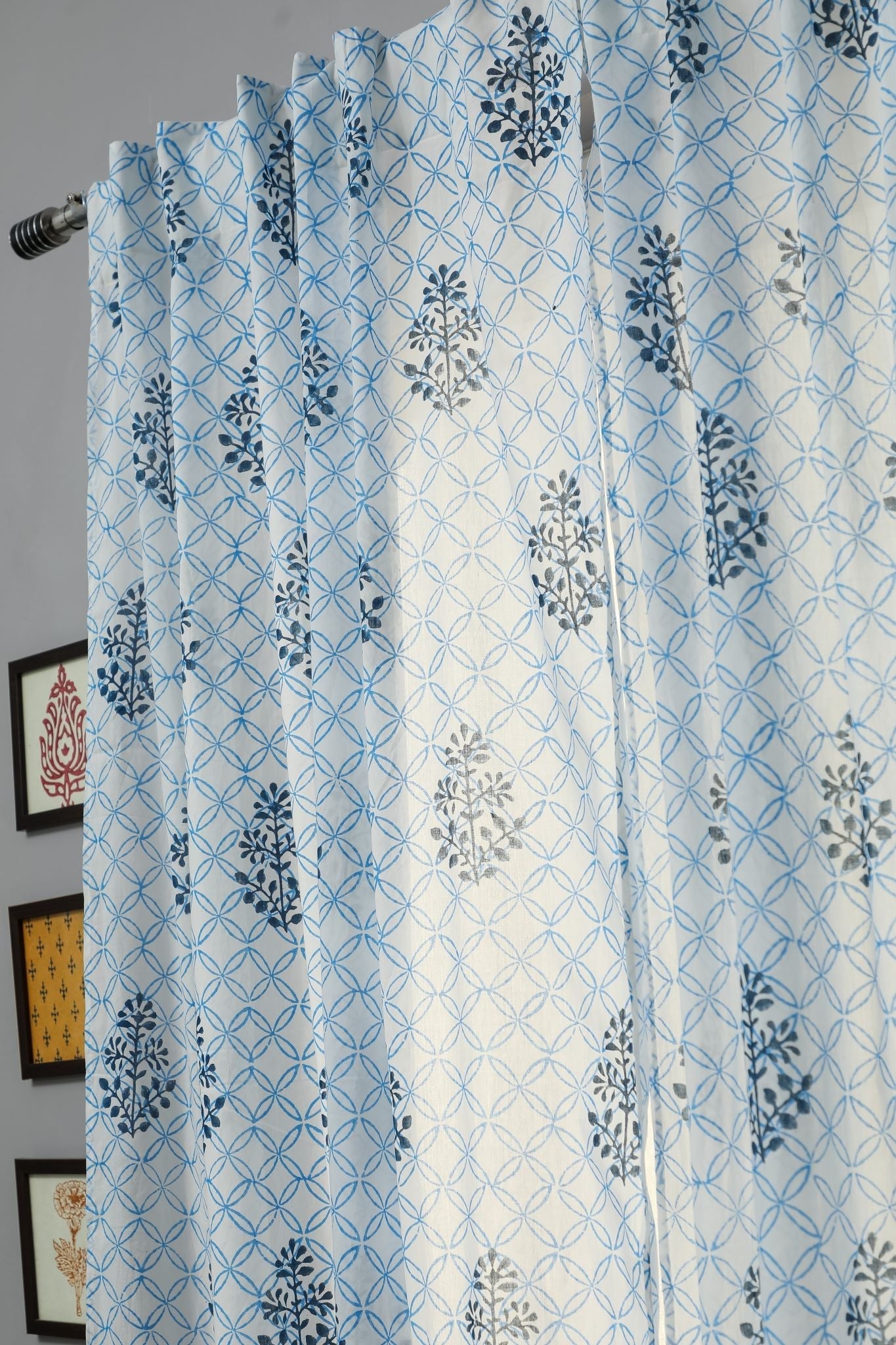 Handblock Printed Cotton Door Curtain - 'Cabbean Blue' by SootiSyahi | Eco-Friendly Home Decor for Living Room, Bedroom & Windows | Traditional Indian Block Print Design