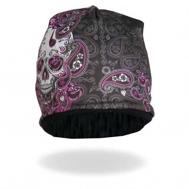Stylish 3D Skull Beanie for Women - Sublimated Sugar Paisley Design with Premium Leather Accents | Winter Fashion Accessory for Outdoor Activities & Streetwear
