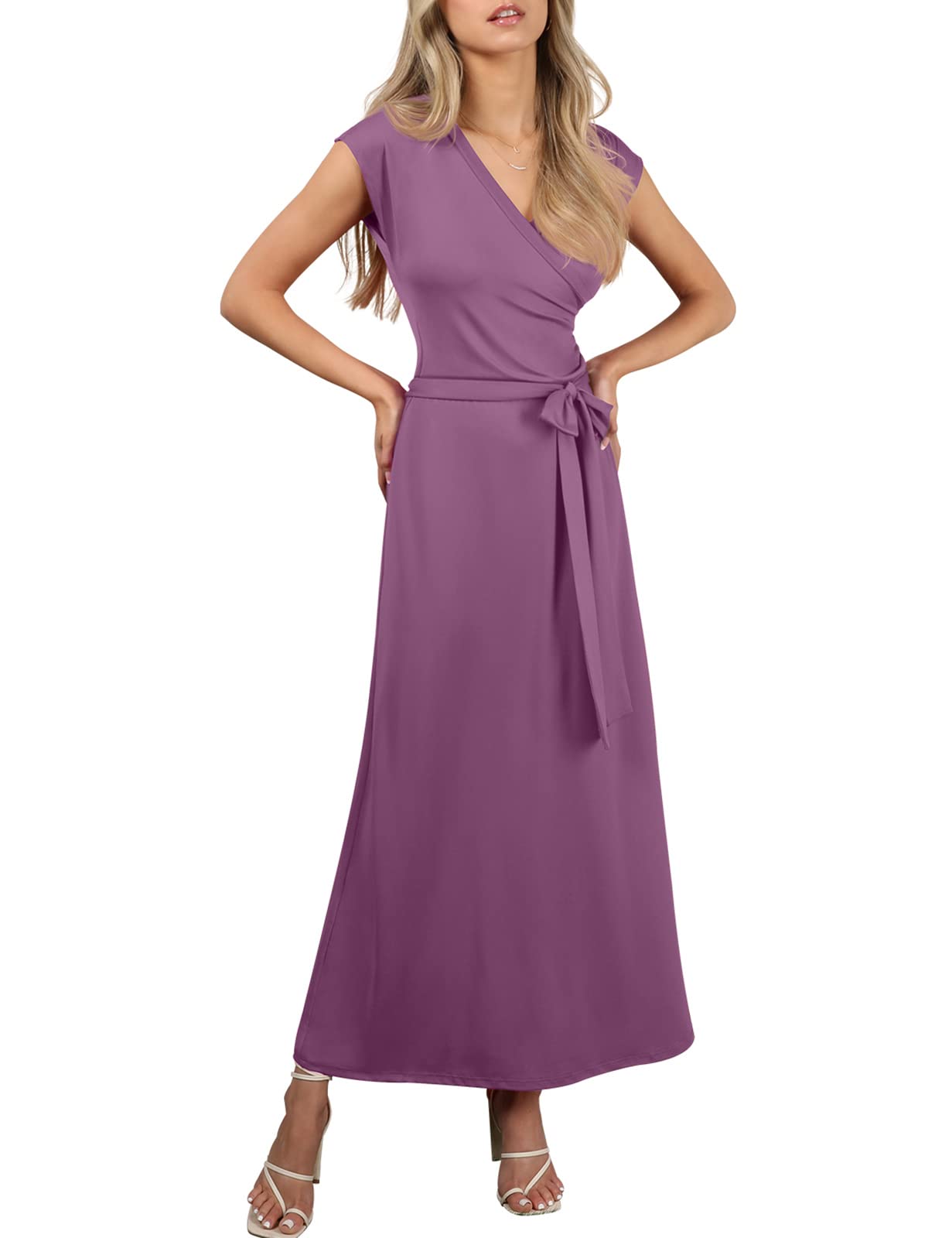 NINEXIS Women's V-Neck Cap Sleeve Wrap Front Maxi Dress - Flattering Summer Beach Dress for Vacation, Date Night & Casual Outings