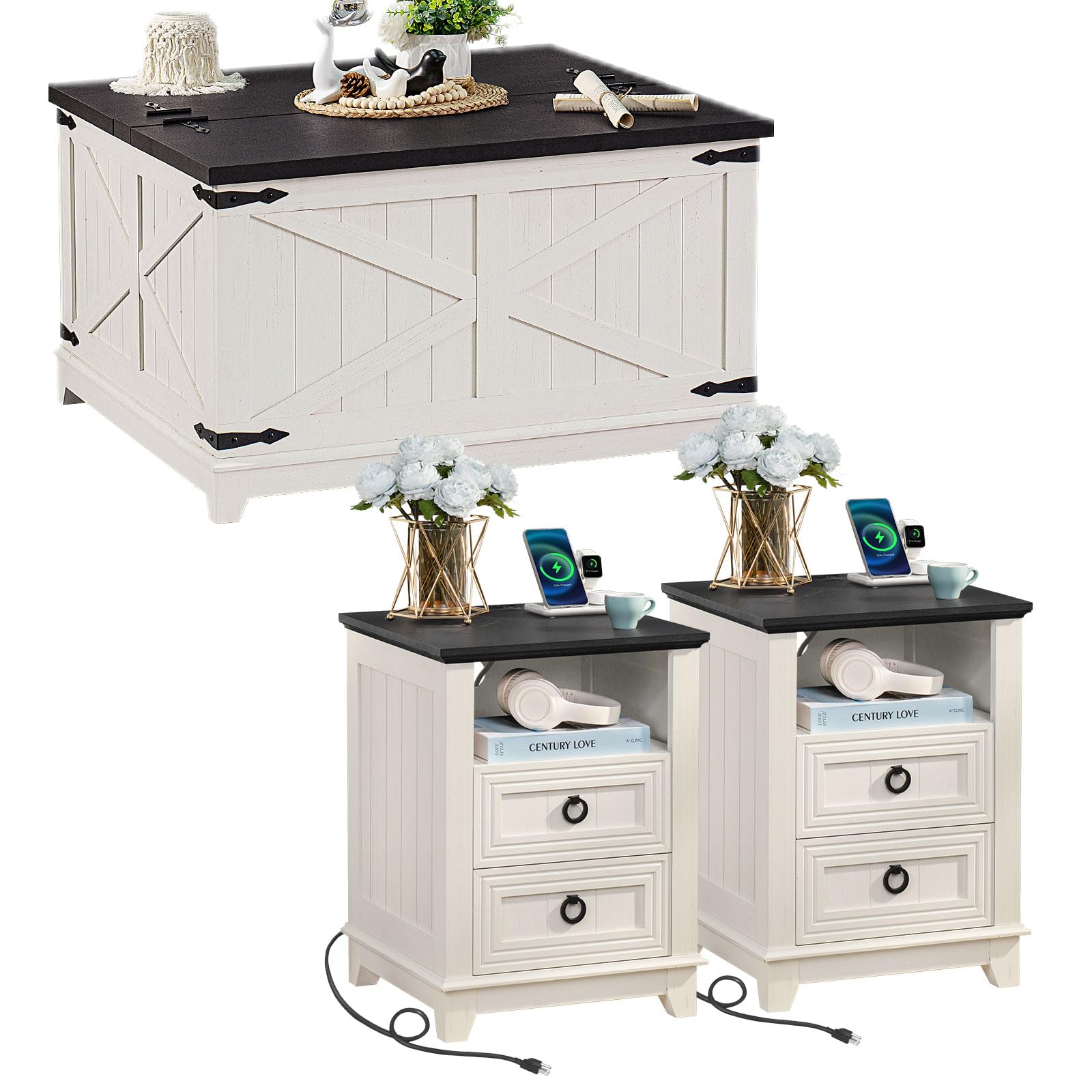 Farmhouse Coffee Table Set of 3 with Charging Station & Hidden Storage - Rustic 3-Piece Living Room Furniture for Home & Office - Perfect for Family Gatherings & Remote Work