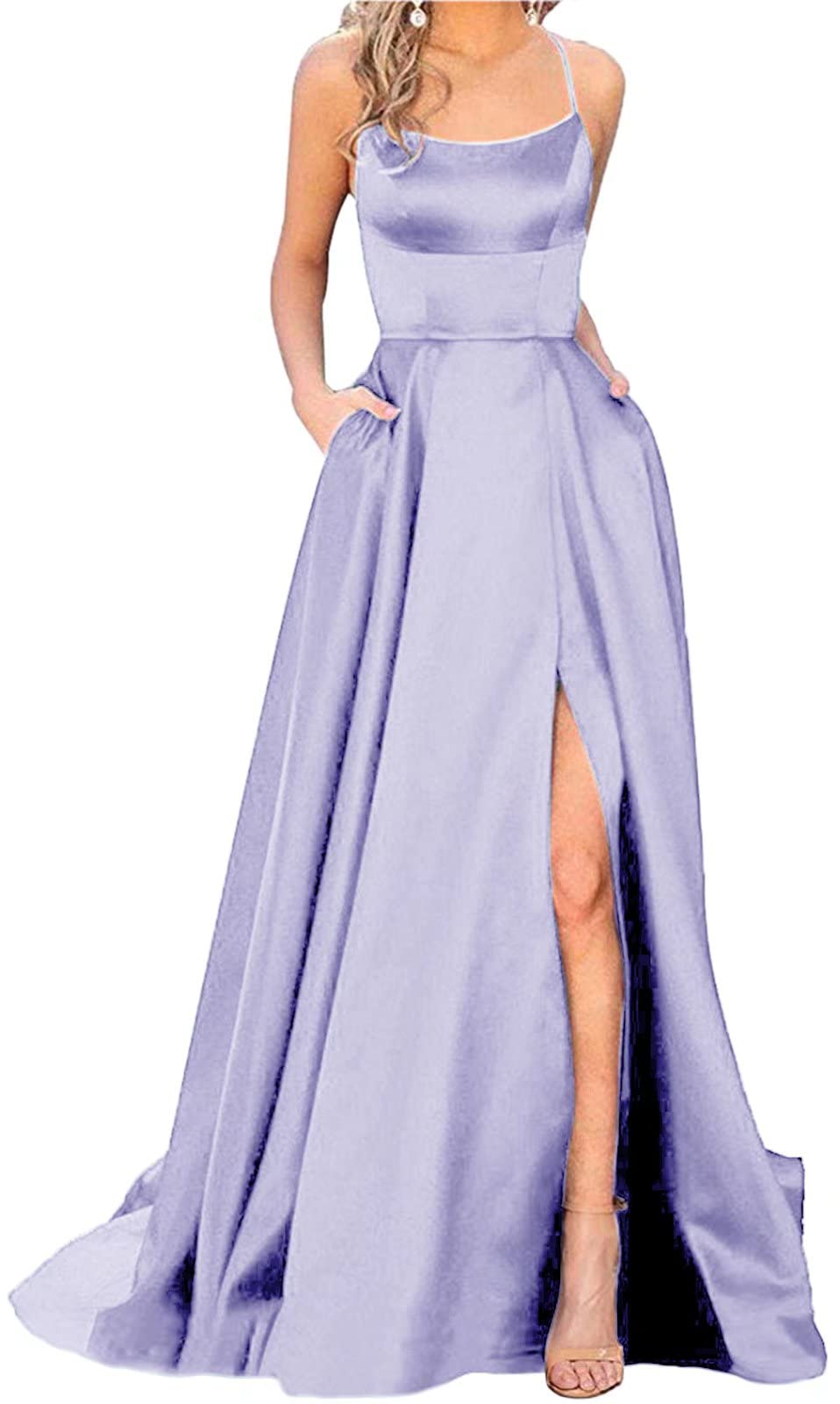 Elegant Lavender Halter Neck Prom Dress - Long Satin Formal Evening Gown with Side Slit & Backless Design (Size 16) | Perfect for Homecoming, Weddings & Special Occasions