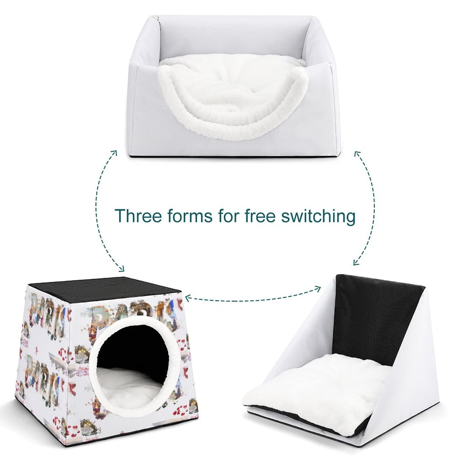 3-in-1 Multi-Functional Cat House with Bed & Sofa Design - Printed Kitty Cube Shelter for Indoor/Outdoor Use - Paris Themed (Perfect for Home, Office or Garden Pet Resting Space)