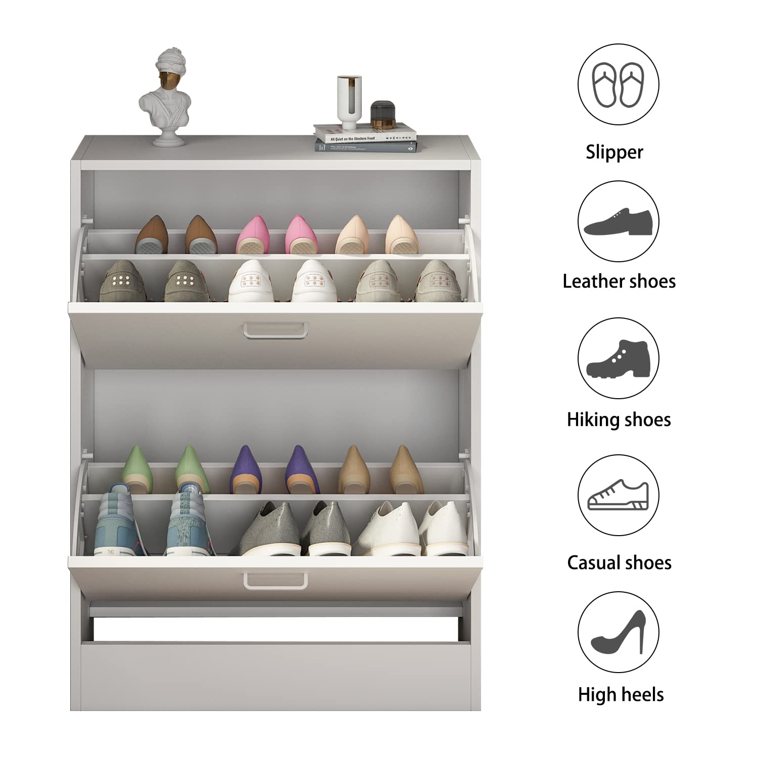 Hitow Narrow Shoe Storage Cabinet with 2 Flip Drawers & Adjustable Shelf - Freestanding Entryway Shoe Rack for Small Spaces, White (23.6