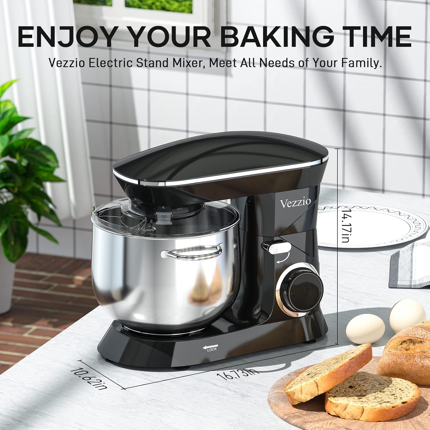 Vezzio 660W 10-Speed Tilt-Head Stand Mixer with 9.5 Qt Stainless Steel Bowl - Dishwasher Safe Attachments for Baking, Whipping, Kneading Dough - Perfect for Cakes, Cookies, Bread Making in Home Kitchens (Black)